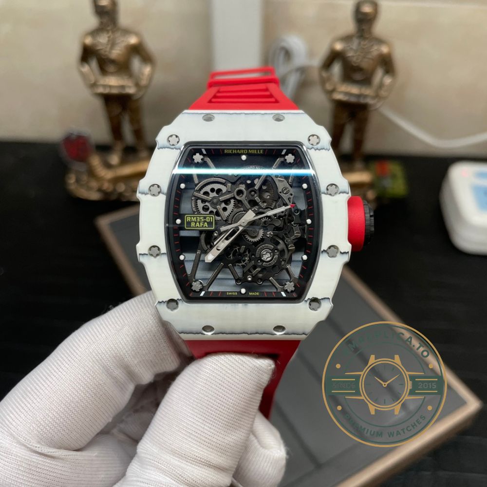 Fake Richard Mille RM 35-01 Rafael Nadal skeleton dial detail with black and red racetrack inner ring – fake richard mille