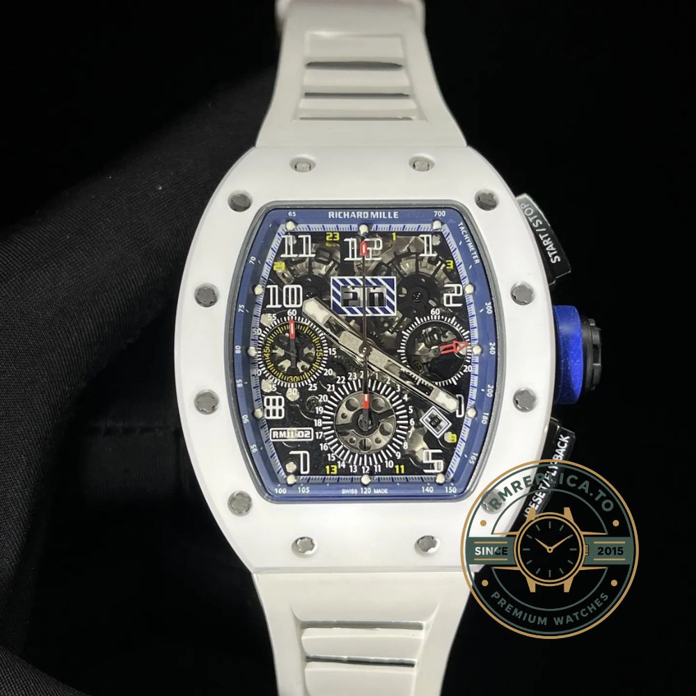 Richard Mille RM 11-02 White Ceramic 7750 Movement Chronograph Super Clone front view with skeleton dial – richard mille super clone