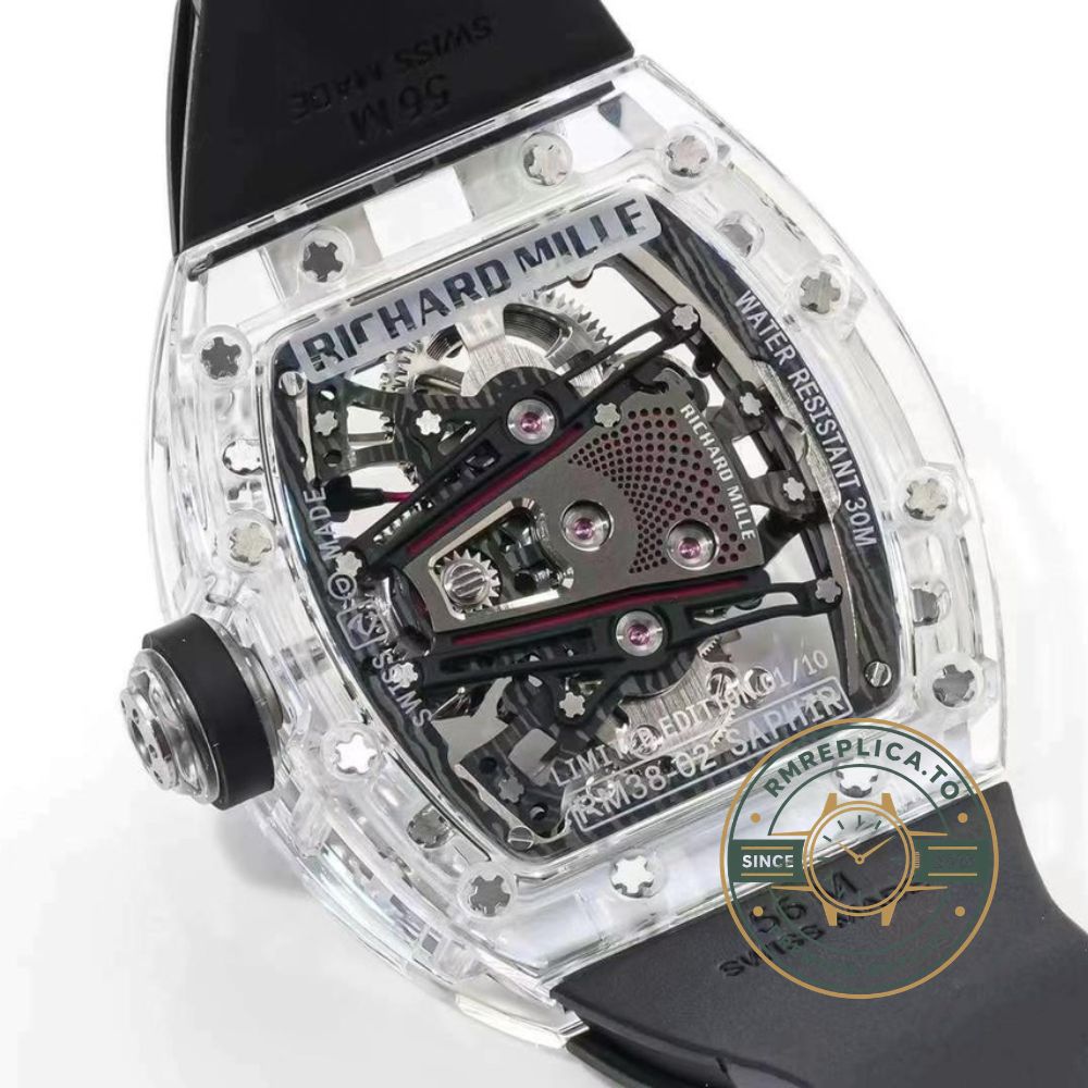 Richard Mille RM38-02 Tourbillon transparent crystal case black rubber strap front view – richard mille replica