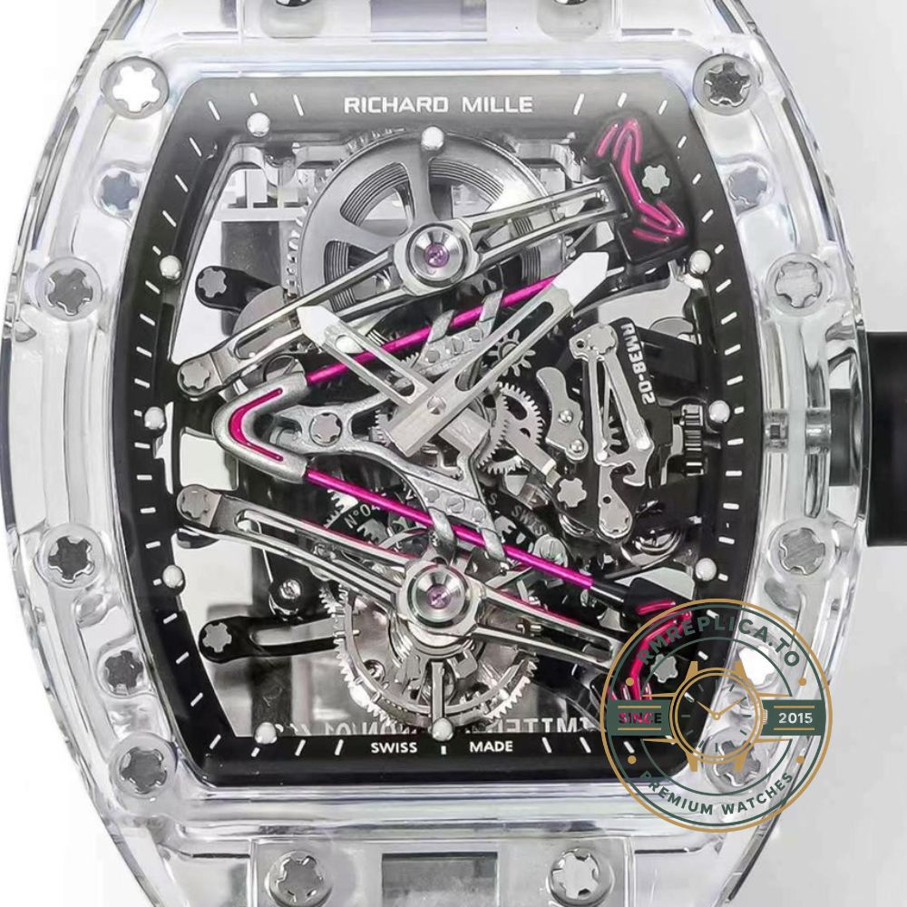 Richard Mille RM38-02 Tourbillon transparent crystal case black strap full front view – richard mille super clone
