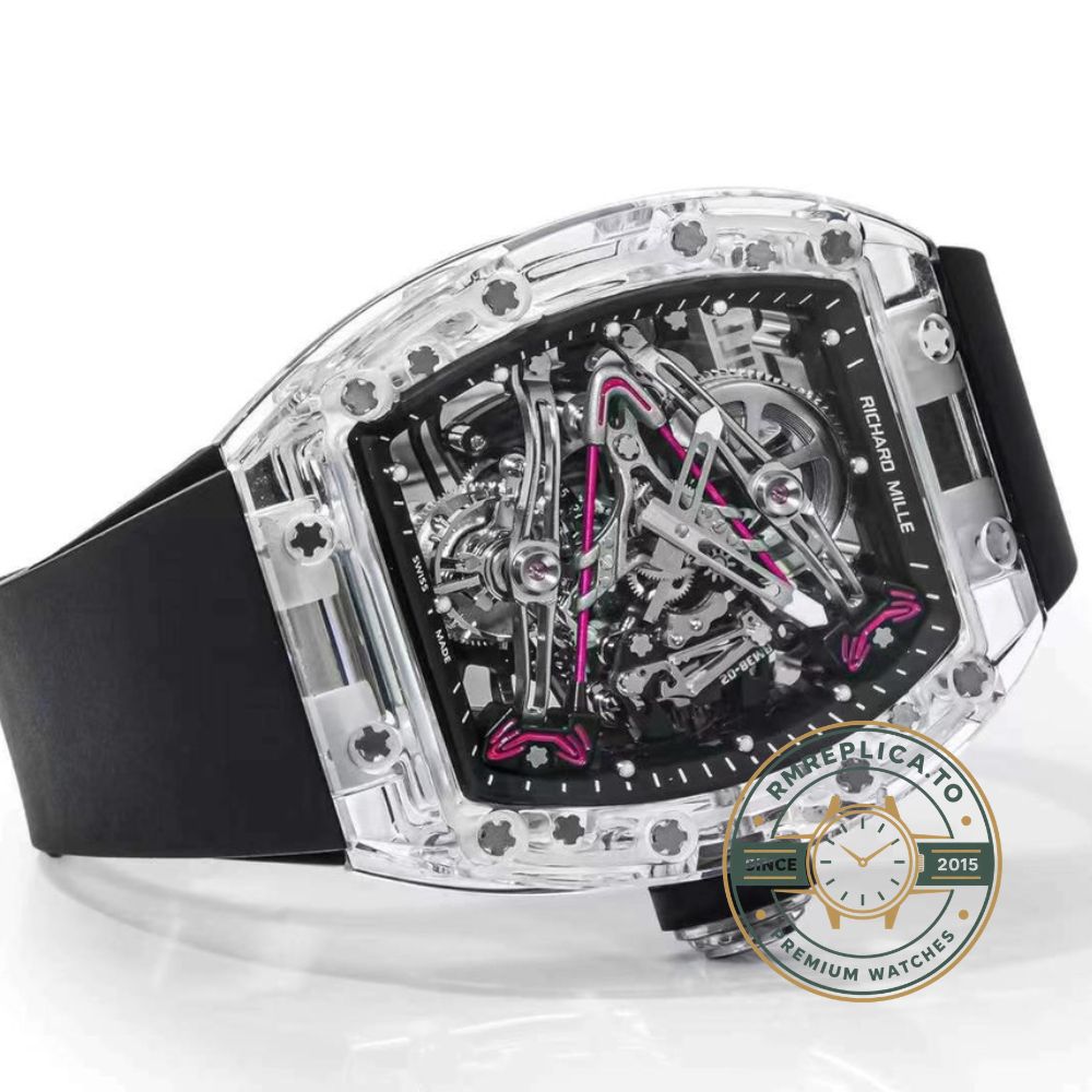 Richard Mille RM38-02 Tourbillon transparent crystal case skeleton dial detail – fake richard mille
