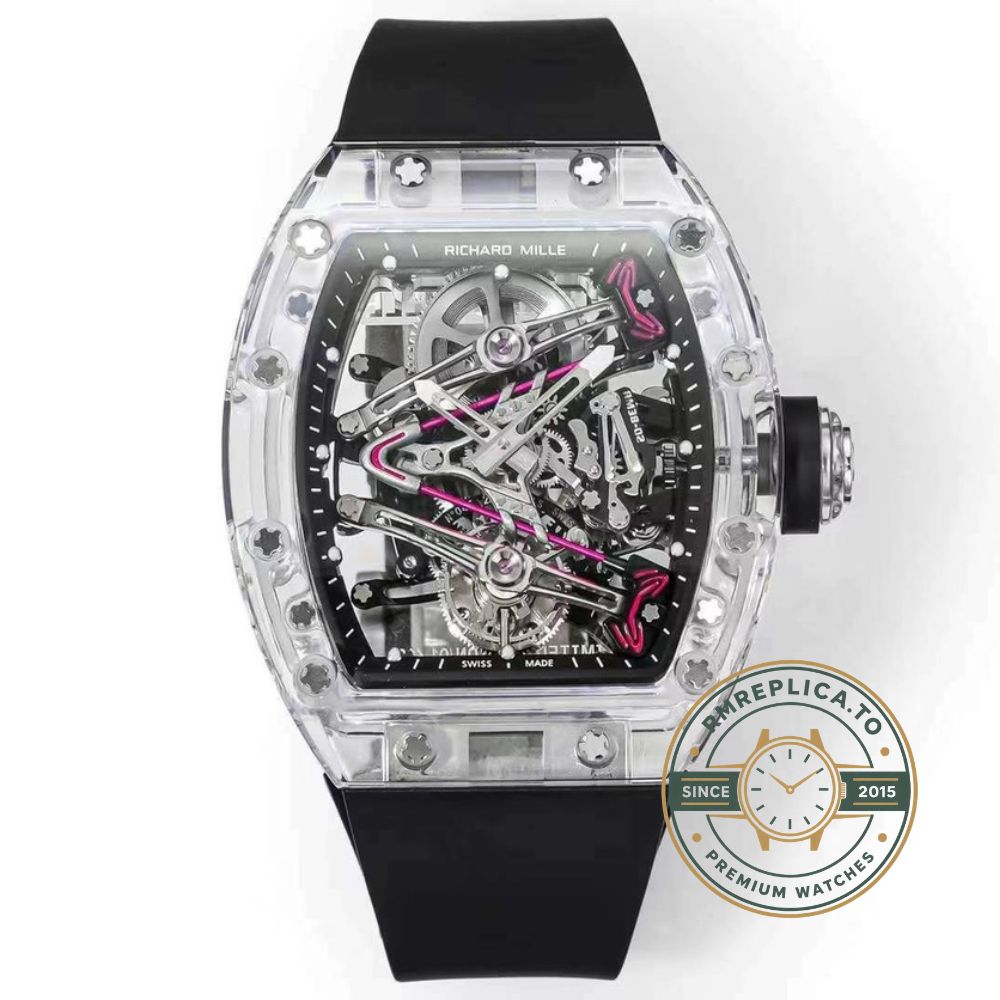 Richard Mille RM38-02 Tourbillon transparent crystal case dial close-up detail – replica richard mille watch