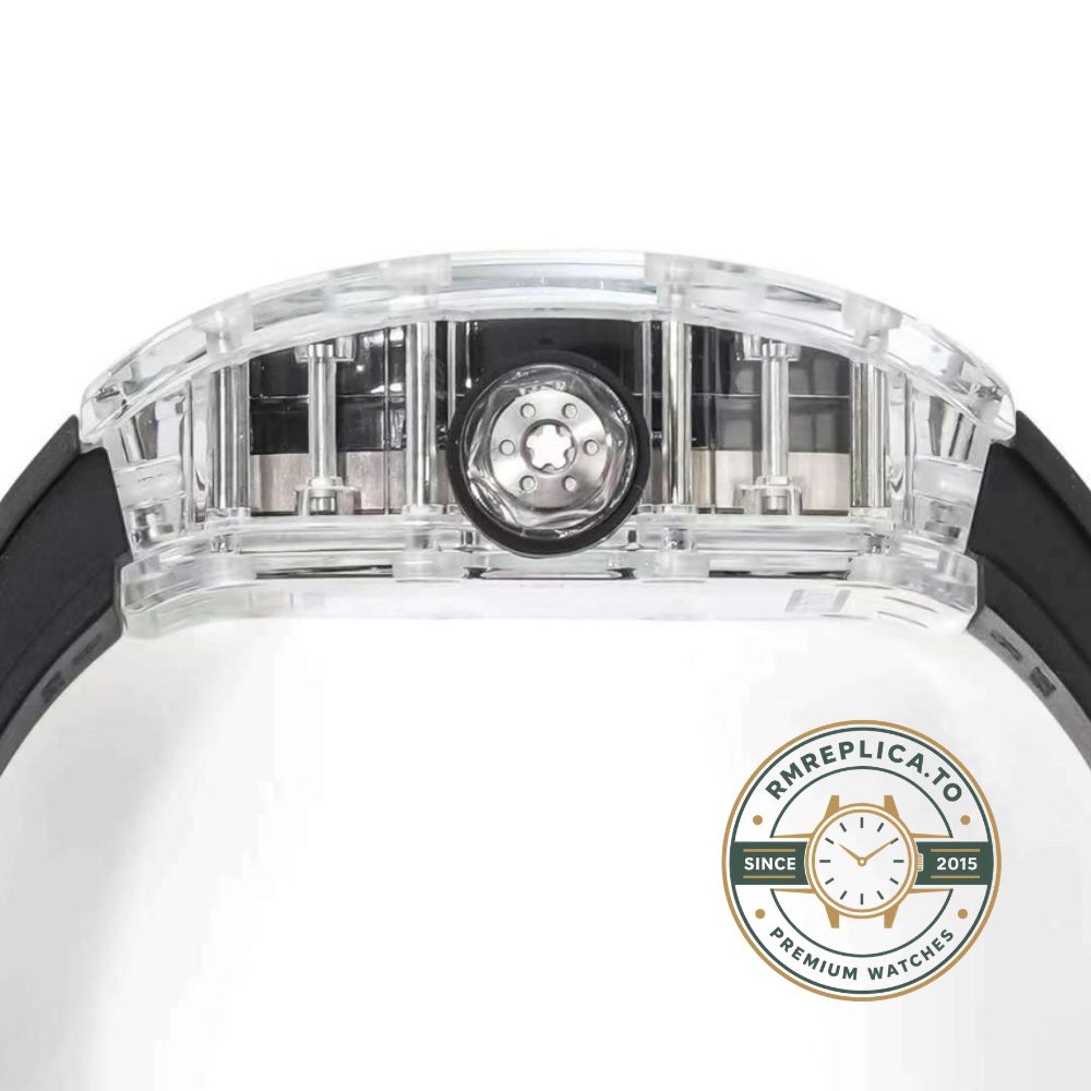 Richard Mille RM38-02 Tourbillon transparent crystal case black rubber strap angled view – richard mille clone