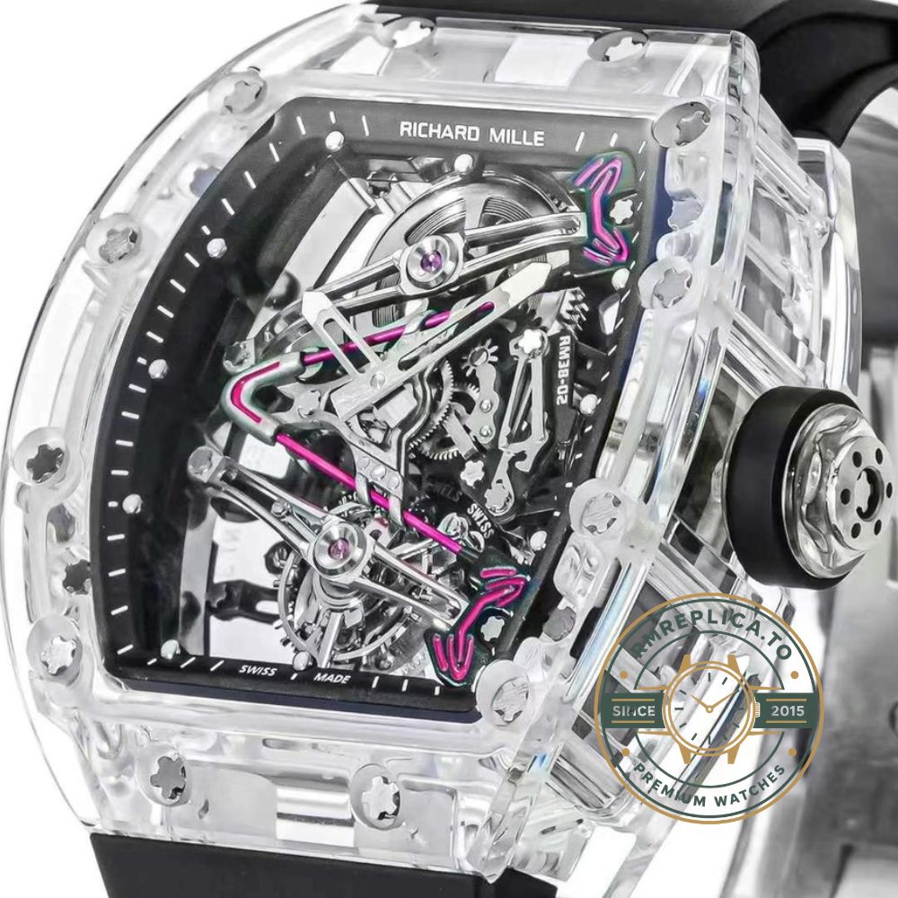 Richard Mille RM38-02 Tourbillon transparent crystal case black rubber strap angled front view – richard mille replicas