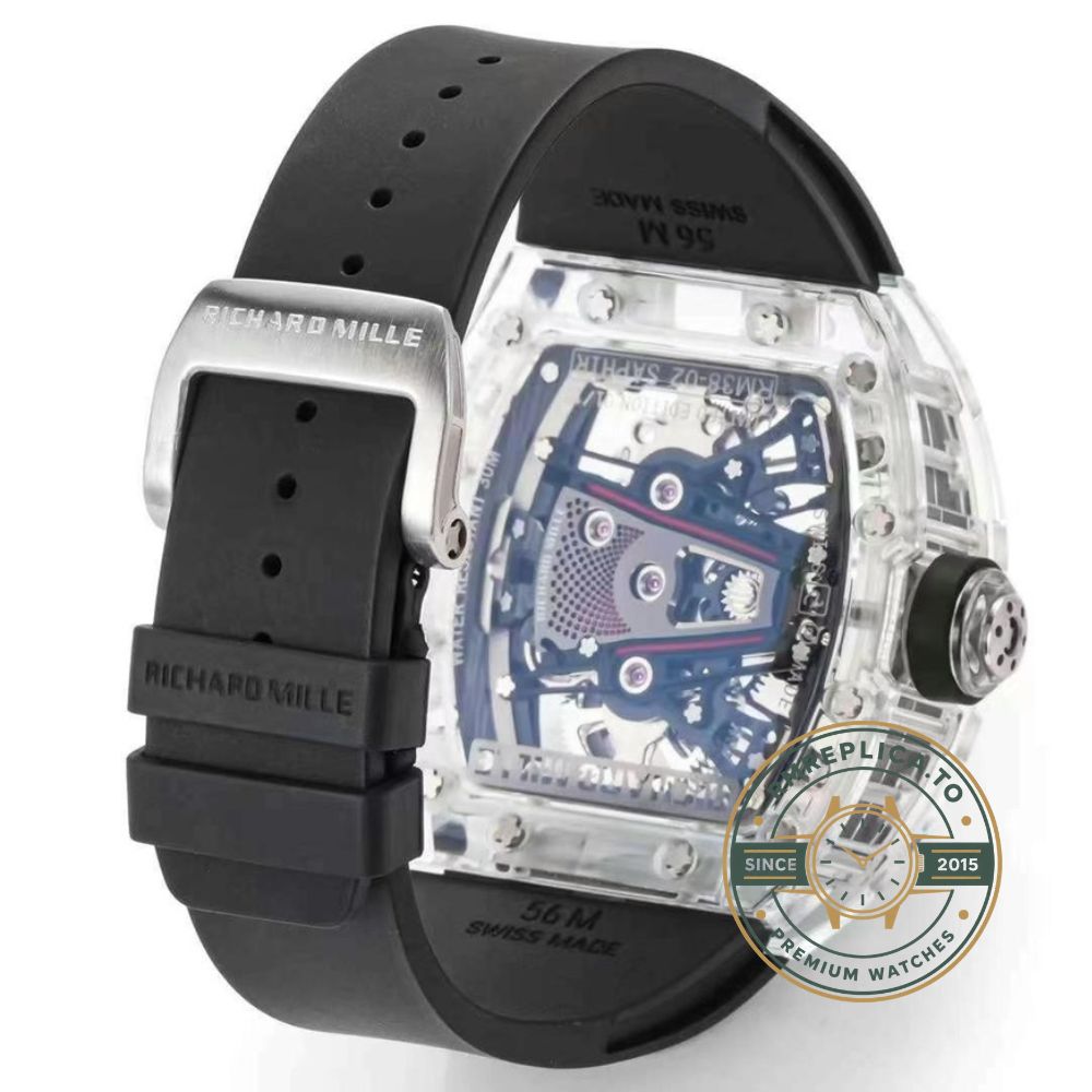 Richard Mille RM38-02 Tourbillon transparent sapphire case side profile detail – imitation richard mille