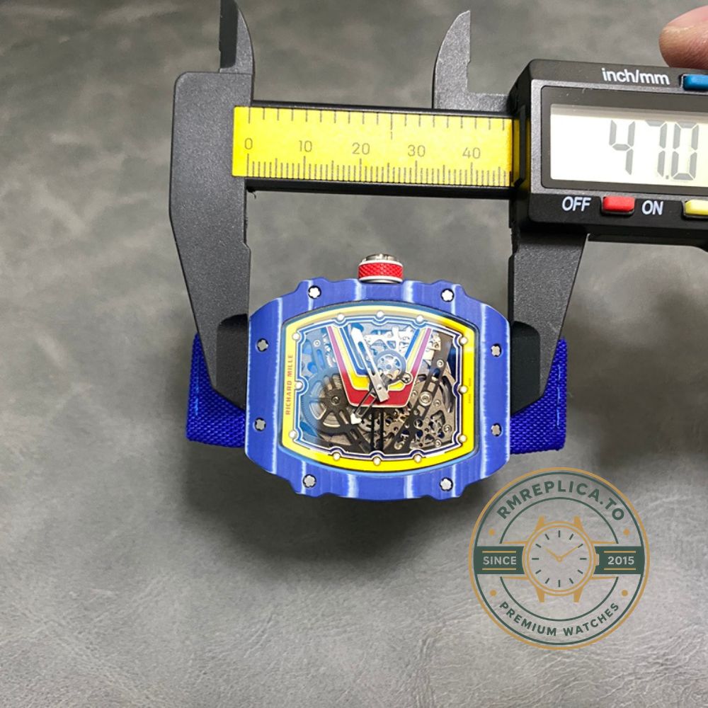 Richard Mille RM67-02 Fernando Alonso super clone wrist shot front view with blue carbon skeleton dial – richard mille super clone