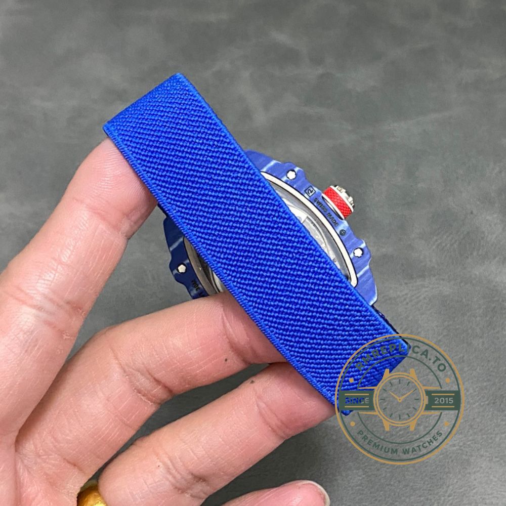 Fake Richard Mille RM67-02 Fernando Alonso blue carbon skeleton dial angled detail view – fake richard mille