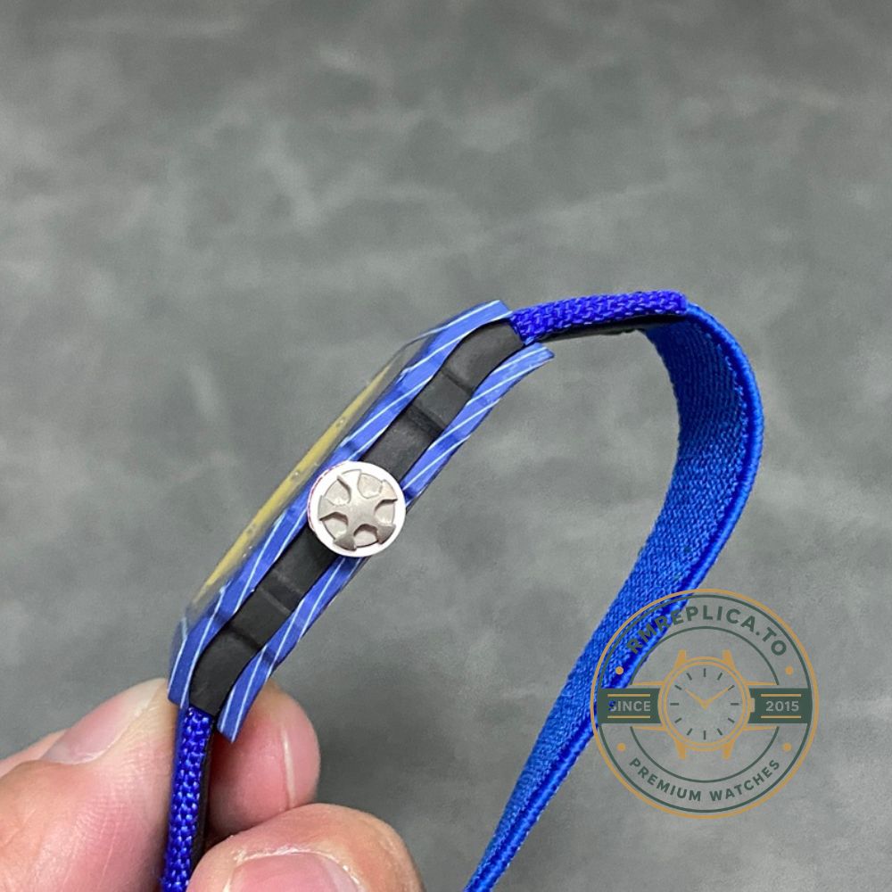 Replica Richard Mille watch RM67-02 Fernando Alonso blue carbon case size measurement view – replica richard mille watch
