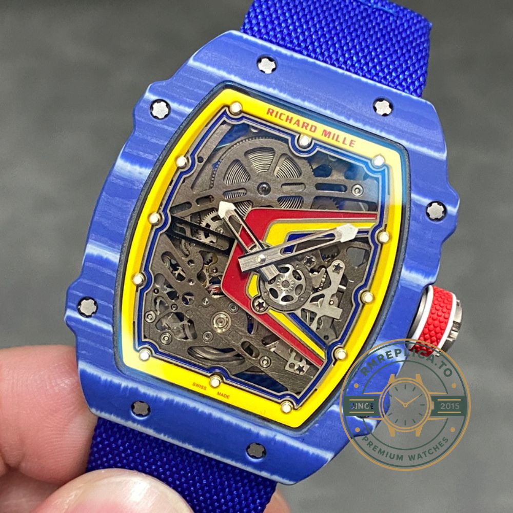 Richard Mille clone RM67-02 Fernando Alonso blue carbon skeleton dial wrist shot angled view – richard mille clone