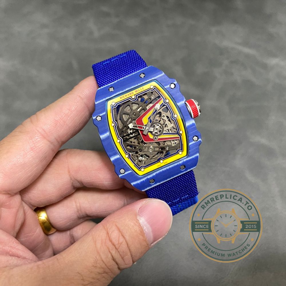 Richard Mille replicas RM67-02 Fernando Alonso blue carbon skeleton dial slim profile side view – richard mille replicas