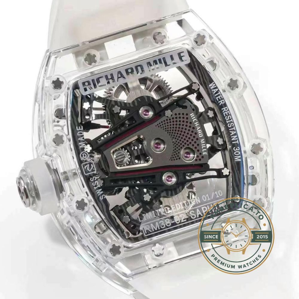 Fake Richard Mille RM 38-02 Bubba Watson angled view showing pink accents and transparent crystal case – fake richard mille