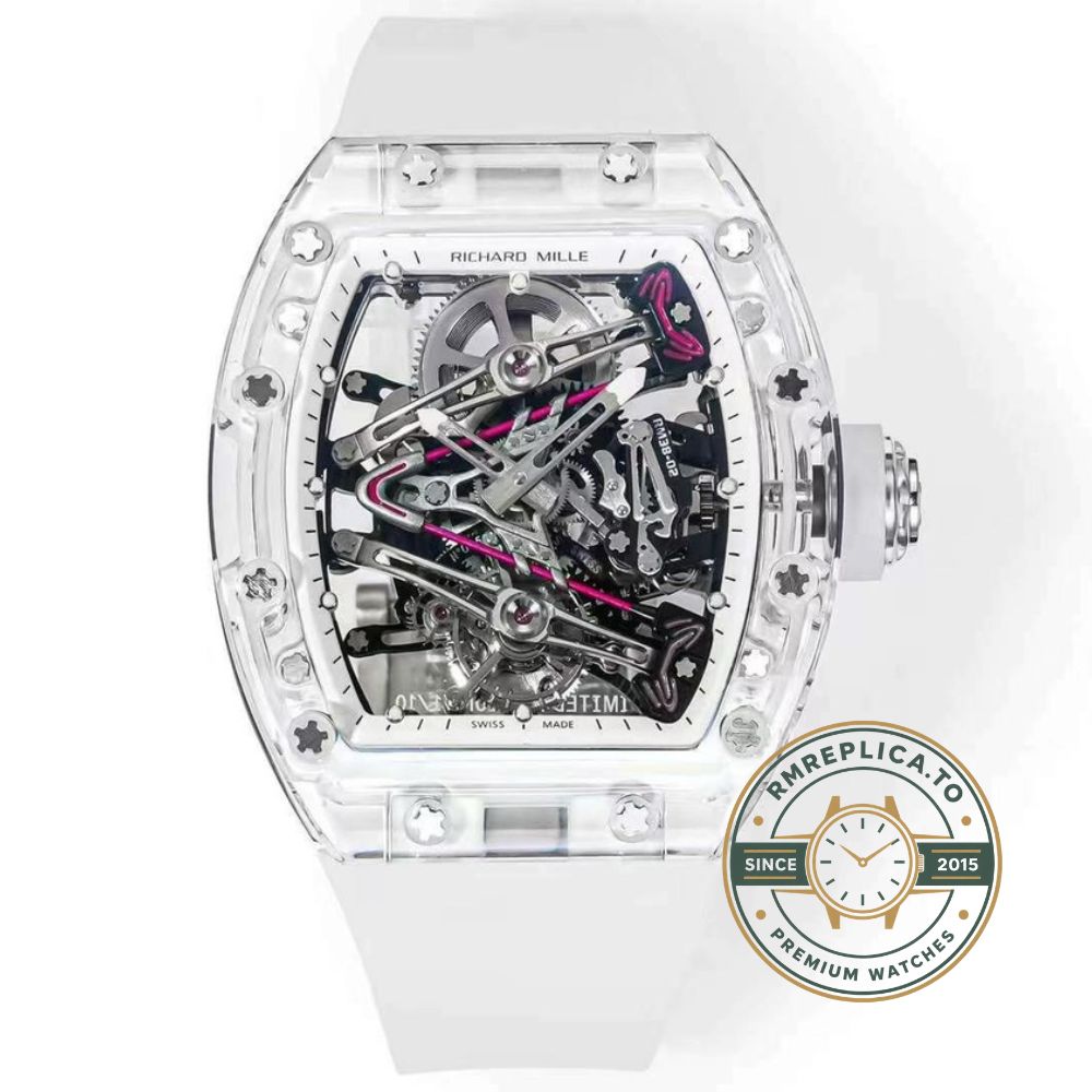 Best Richard Mille replica RM 38-02 Bubba Watson side view with transparent crystal case and white rubber strap – best richard mille replica