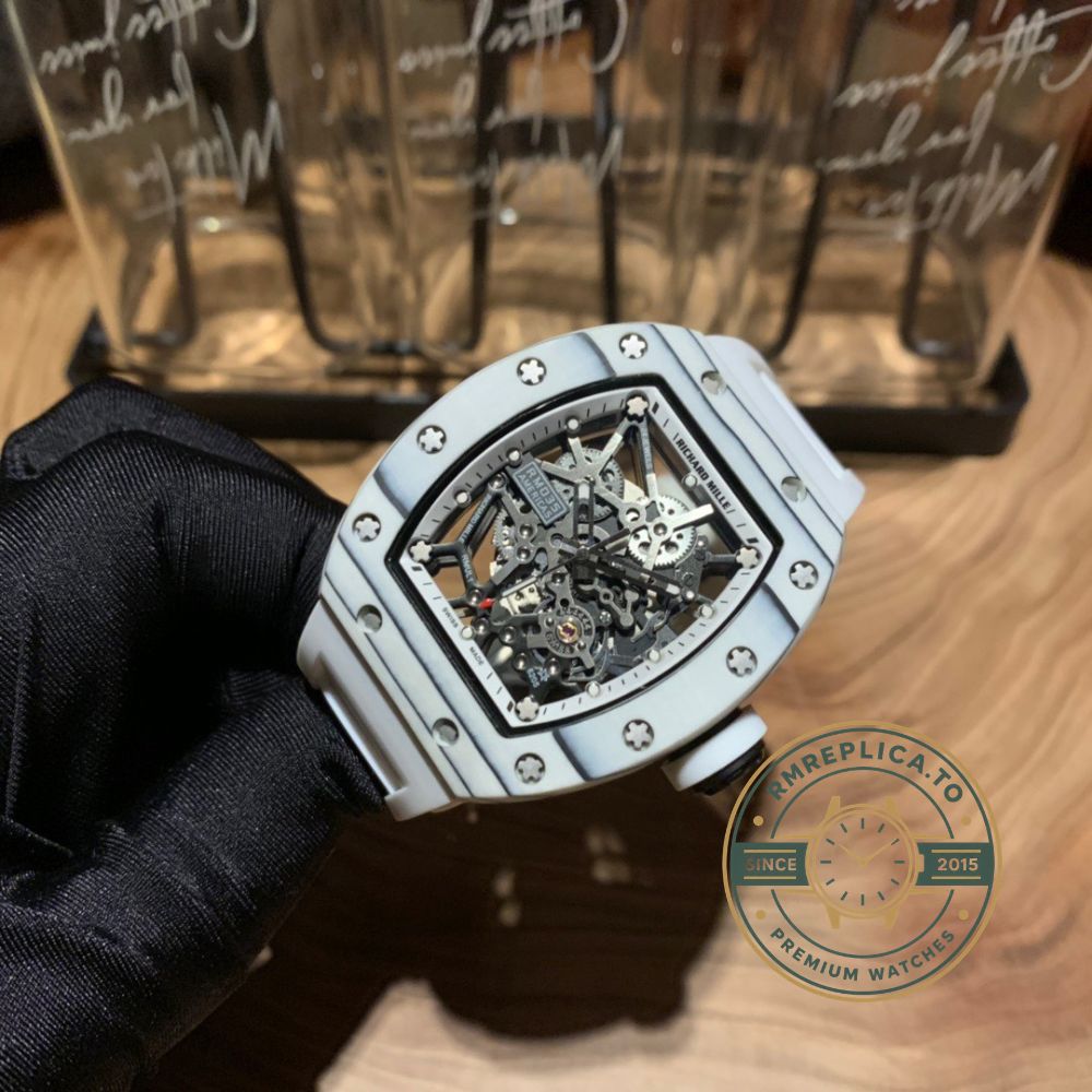 Richard Mille RM 035 Rafael Nadal Americas super clone front view with carbon fiber bezel and white rubber strap – richard mille super clone