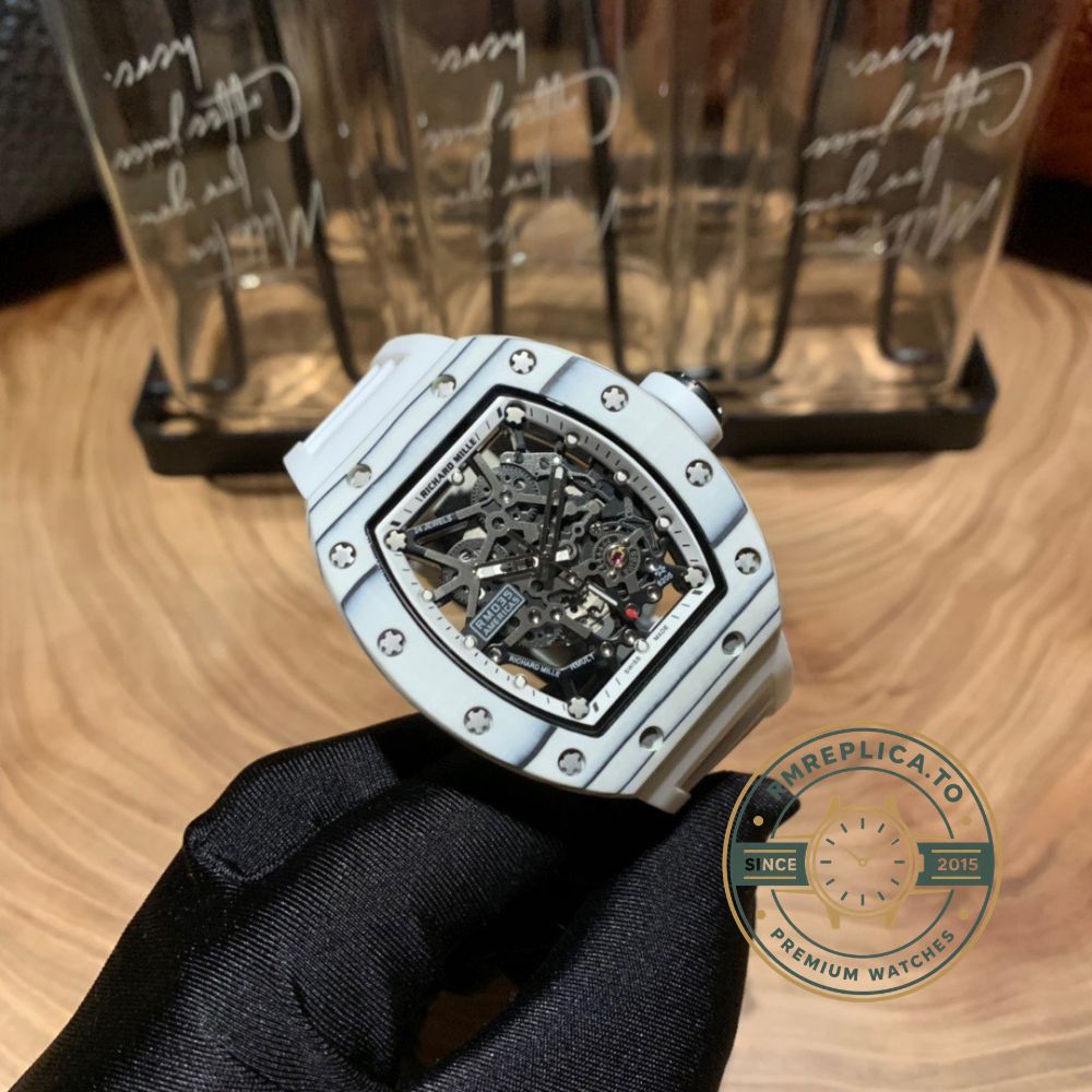 Fake Richard Mille RM 035 Rafael Nadal Americas angled view showing skeleton dial and 904L steel case – fake richard mille