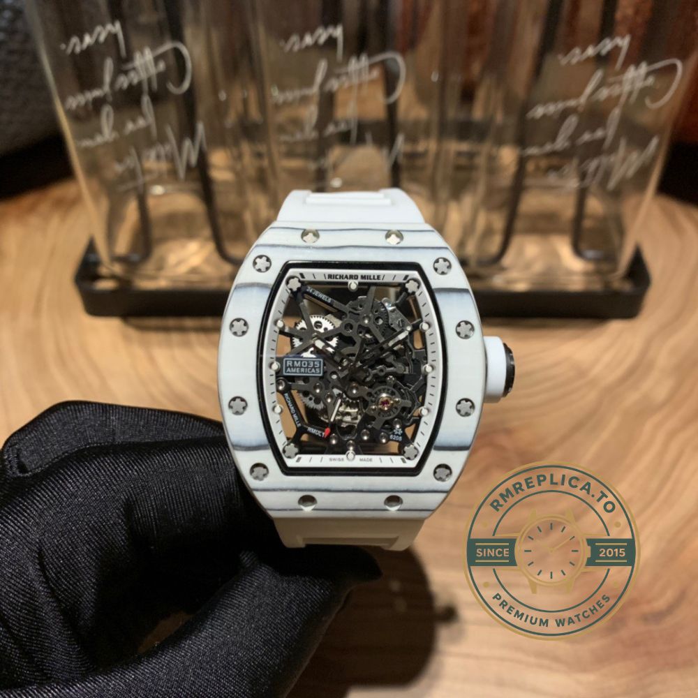 Richard Mille replica for sale RM 035 Rafael Nadal Americas white rubber strap buckle detail – richard mille replica for sale