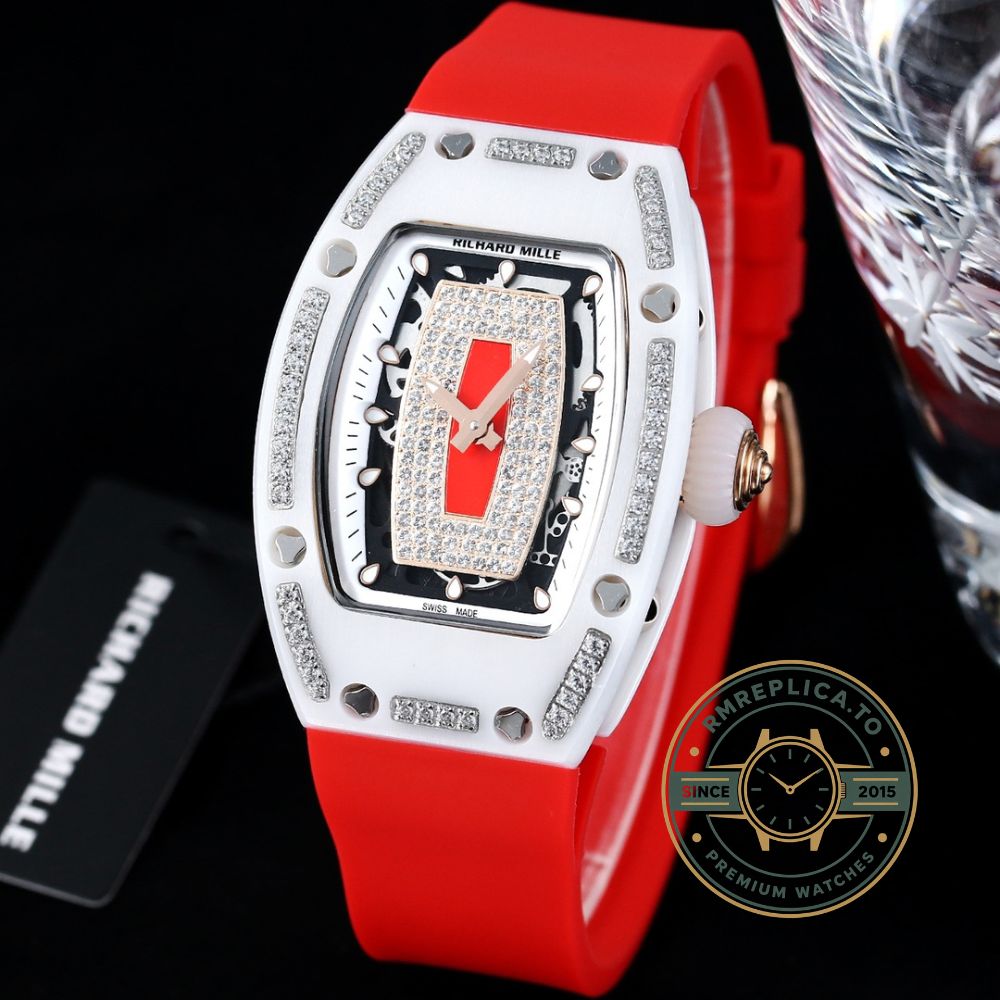Replica Richard Mille RM07-01 super clone watch with ceramic and diamond design, white case and red rubber strap front view – richard mille replica
