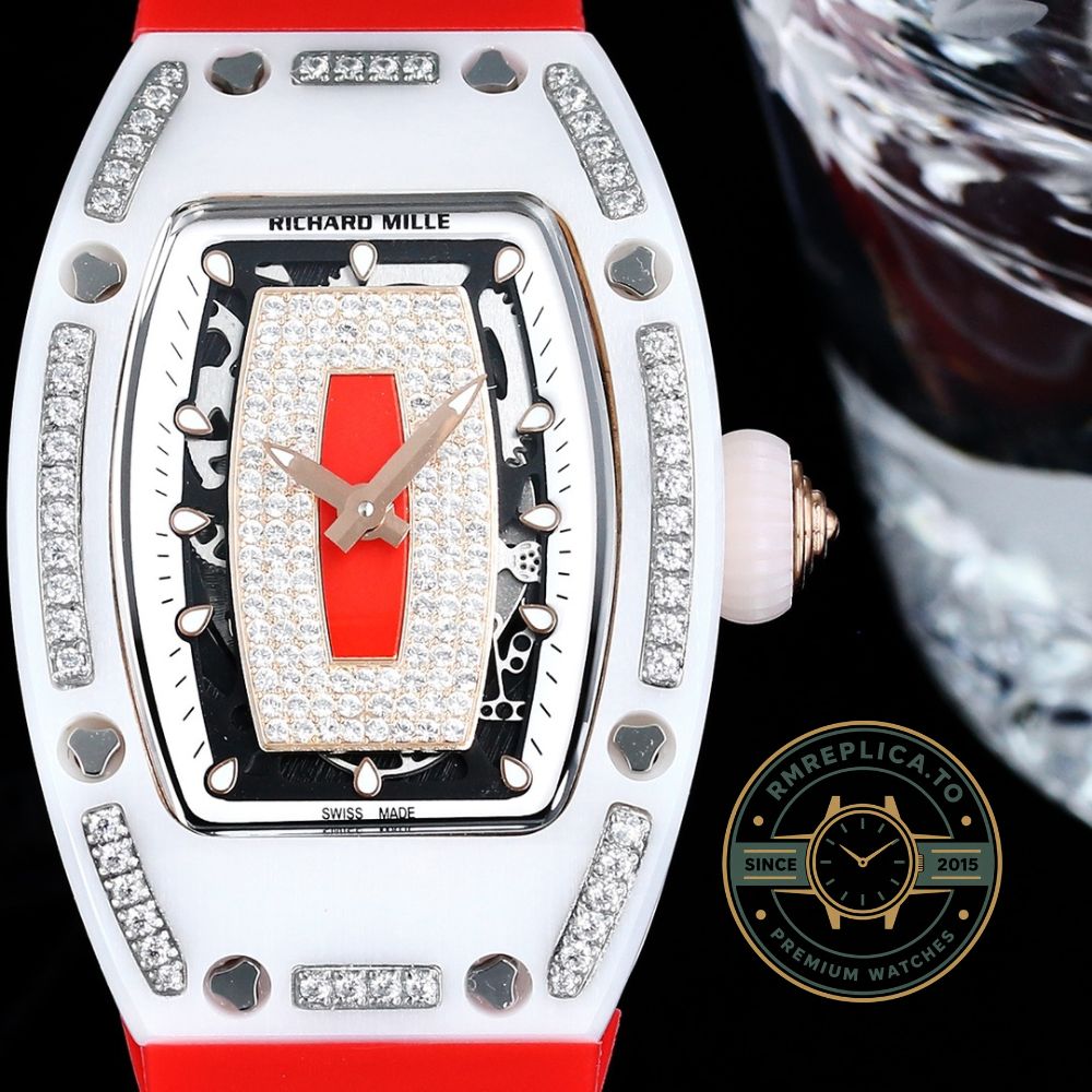 Richard Mille RM07-01 super clone ceramic diamond red rubber strap white case dial close-up front view – richard mille super clone