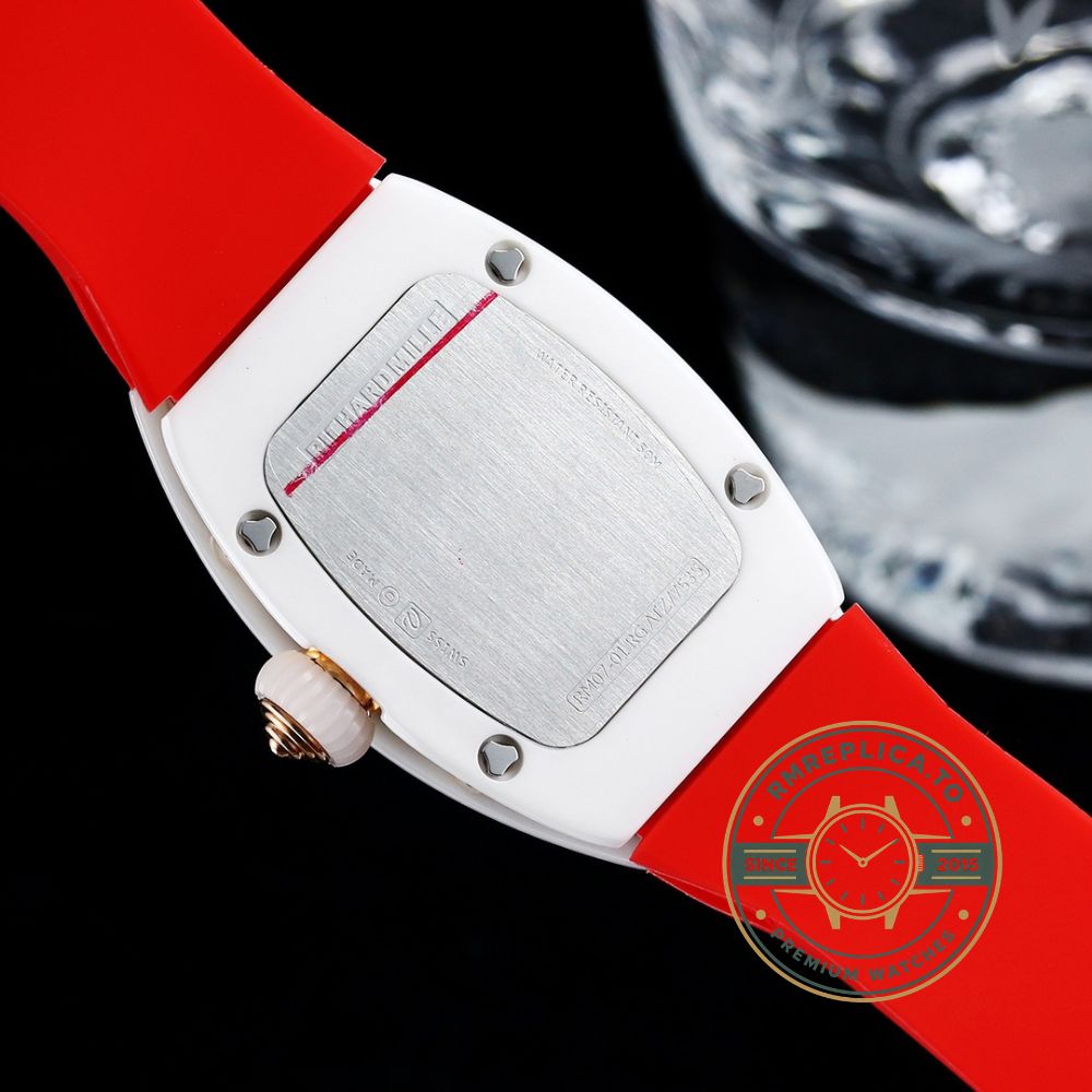Fake Richard Mille RM07-01 ceramic diamond red rubber strap white case angled front view – fake richard mille