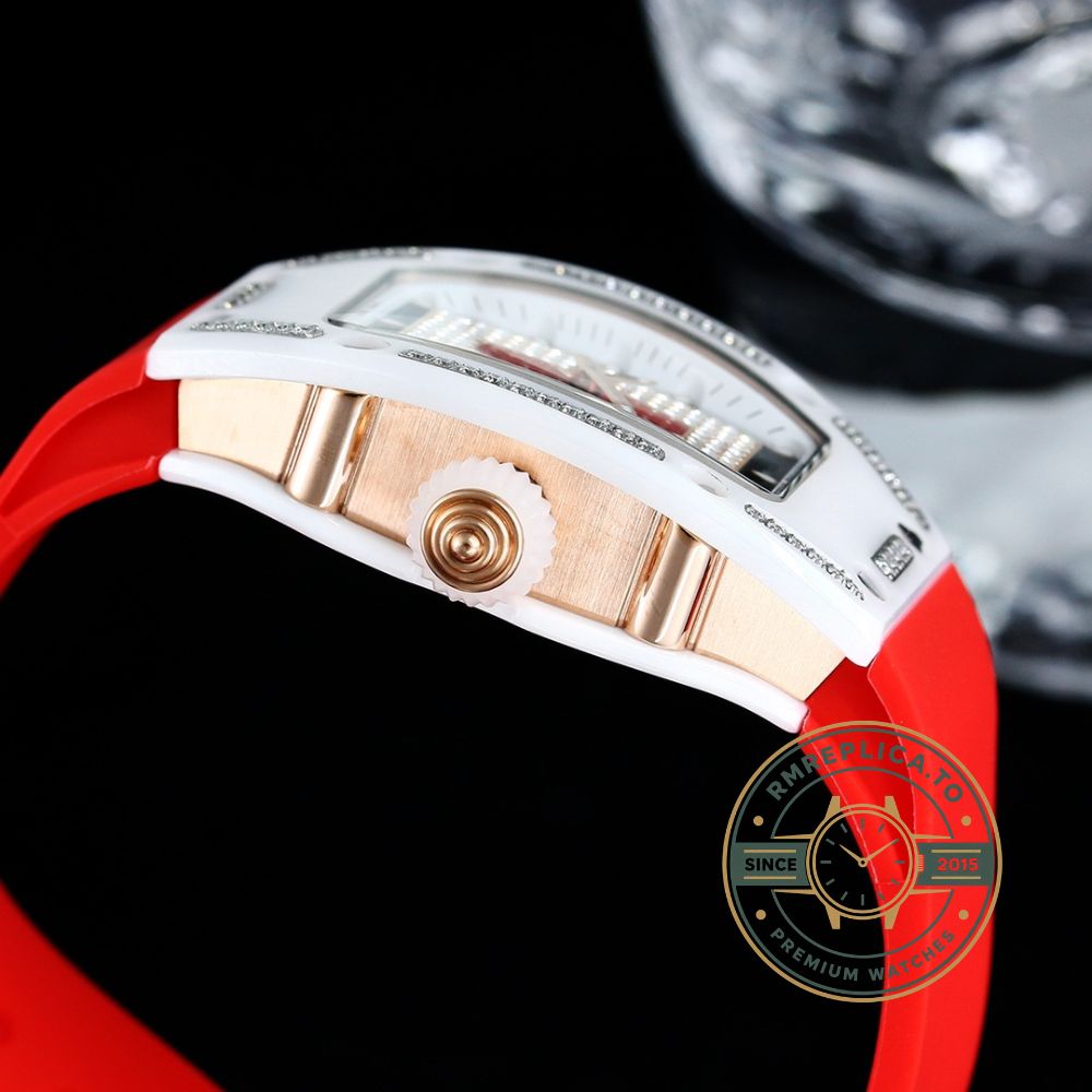 Replica Richard Mille watch RM07-01 ceramic diamond red rubber strap white case side profile view – replica richard mille watch