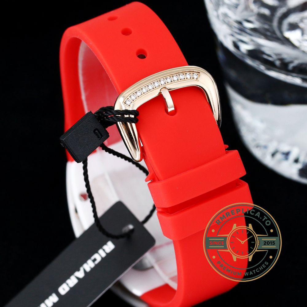 Best Richard Mille replica RM07-01 ceramic diamond red rubber strap white case caseback detail view – best richard mille replica