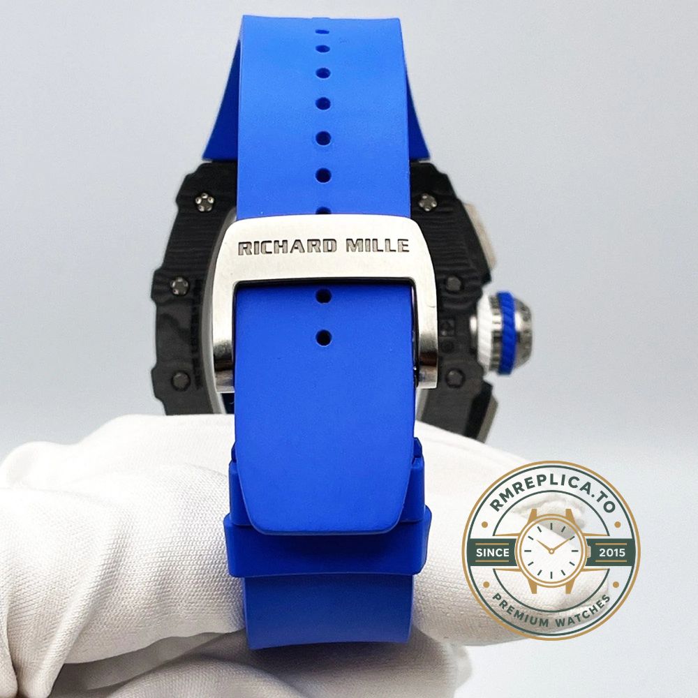 Richard Mille RM 11-04 replica skeleton dial blue rubber strap luxury sports watch front view – richard mille replica