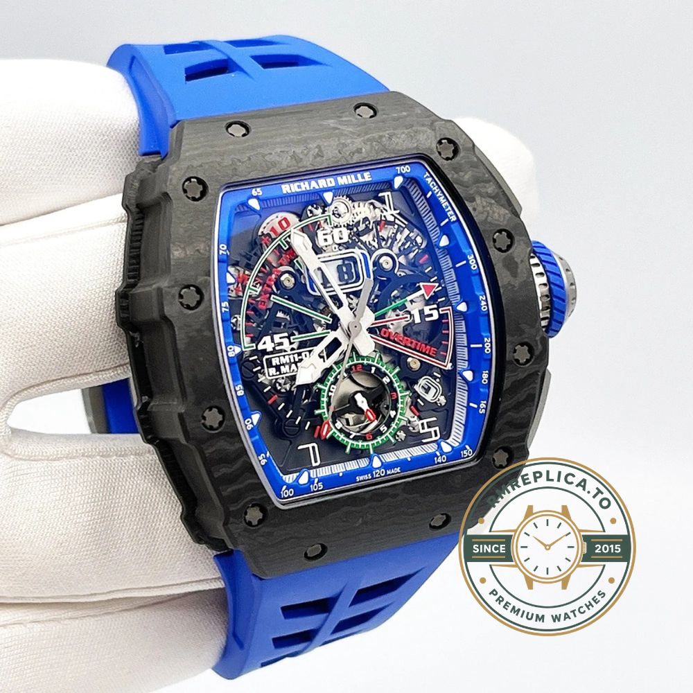 Richard Mille RM 11-04 super clone side view with carbon TPT case and blue rubber strap – richard mille super clone