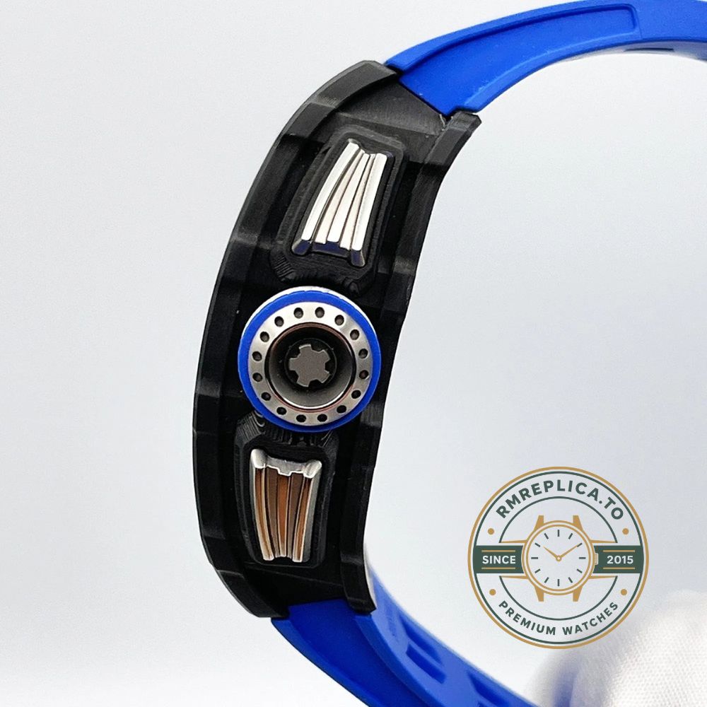 Fake Richard Mille RM 11-04 left view showing skeleton dial and blue rubber strap – fake richard mille