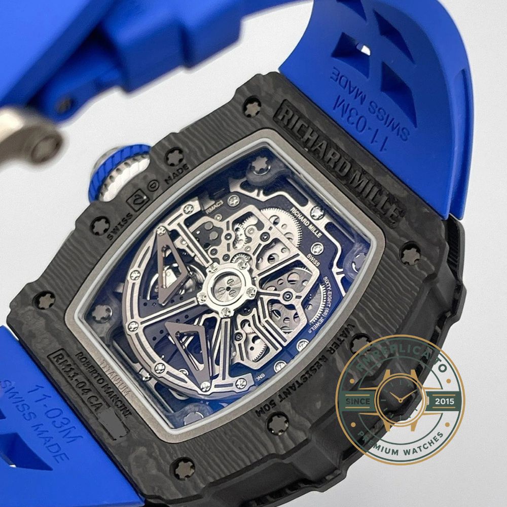 Best Richard Mille replica RM 11-04 strap and clasp detail with blue rubber and titanium pin buckle – best richard mille replica