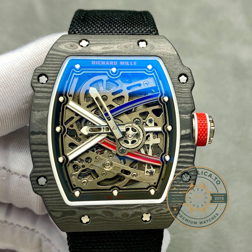 Richard Mille RM67-02 V4 47mm replica watch main view with black carbon fiber case and skeleton dial – richard mille replica