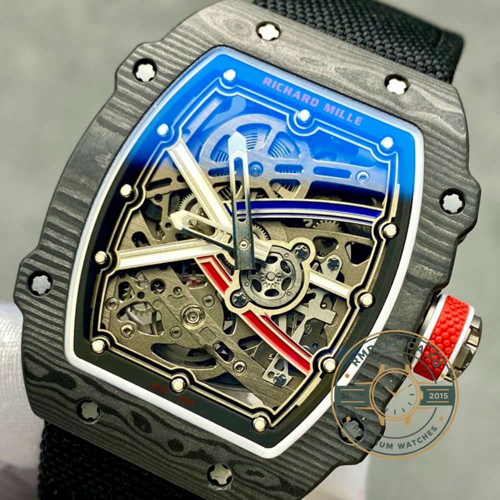 Fake Richard Mille RM67-02 V4 47mm hand held front view showing carbon fiber case – fake richard mille