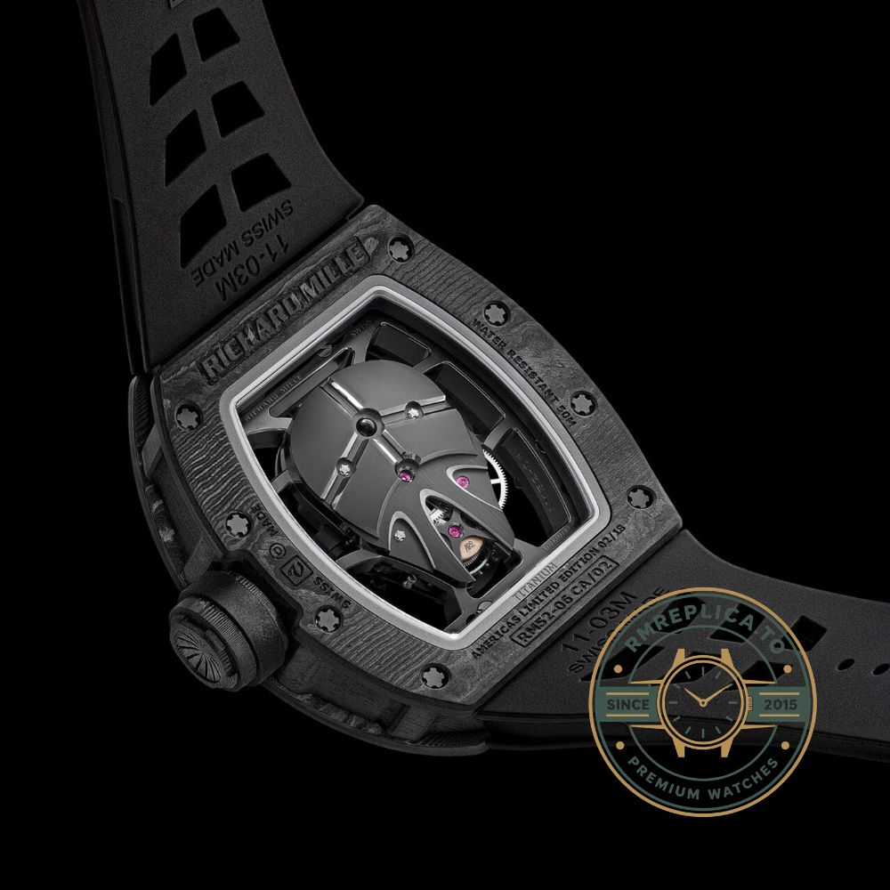 Richard Mille RM 52-06 Mask Carbon TPT Tourbillon Super Clone angled view showing skeleton dial and mask motif – richard mille super clone