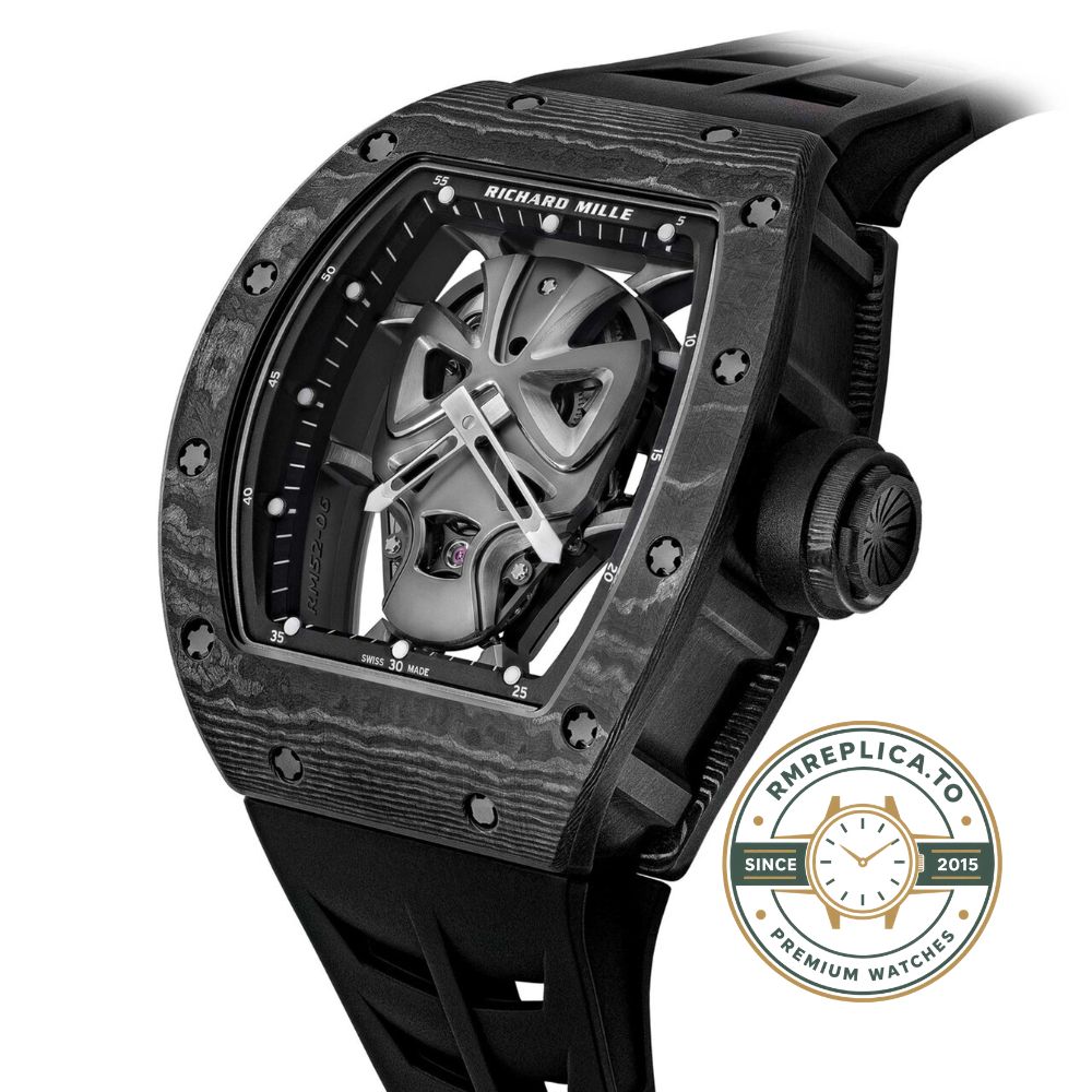Richard Mille clone RM 52-06 Mask Carbon TPT Tourbillon black rubber strap detail – richard mille clone