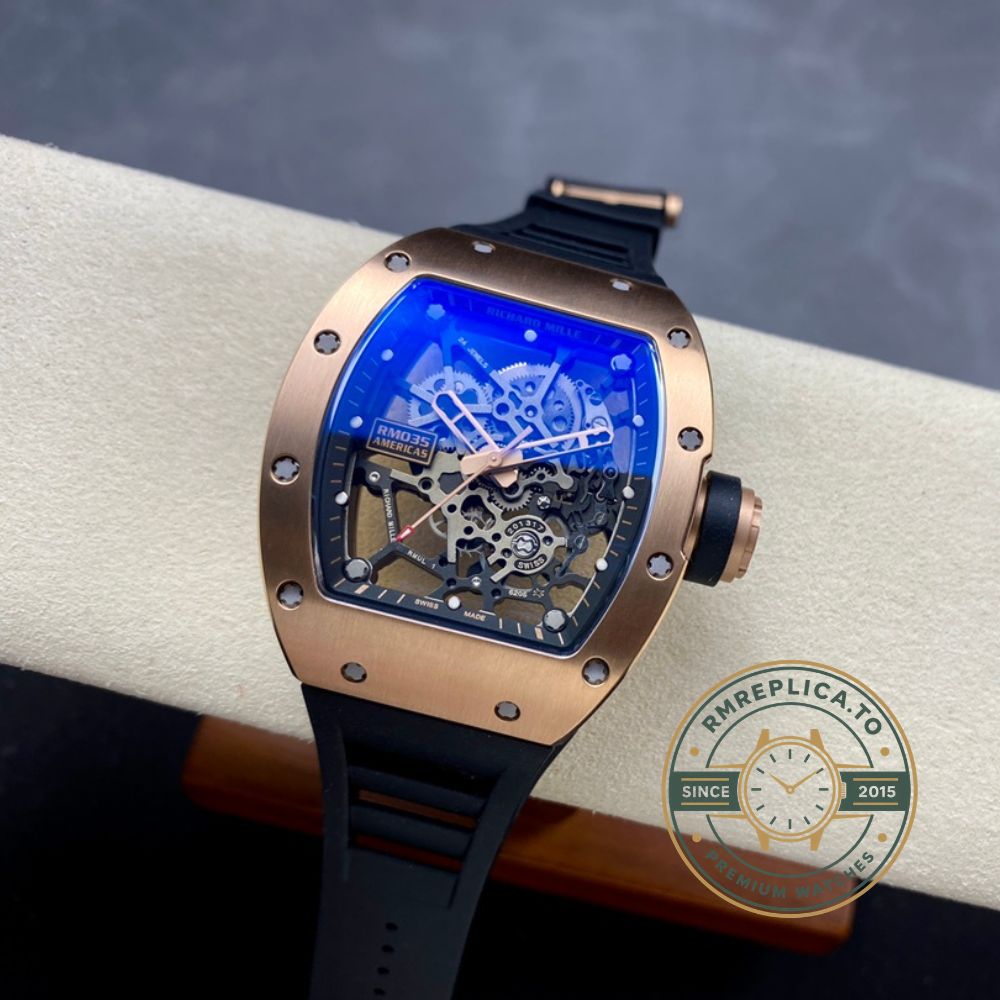 Replica Richard Mille RM035 Americas Edition rose gold case black rubber strap front view – richard mille replica