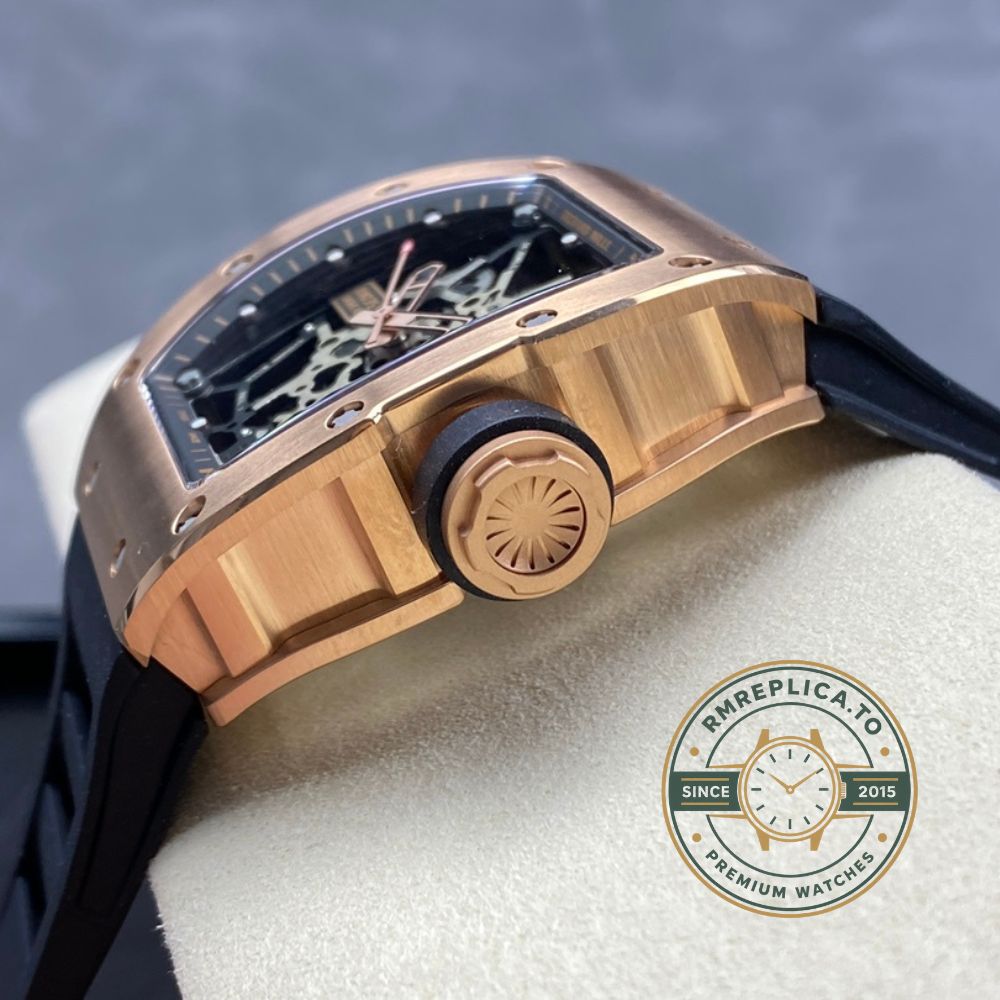 Fake Richard Mille RM035 Americas Edition rose gold case black rubber strap angled dial detail view – fake richard mille