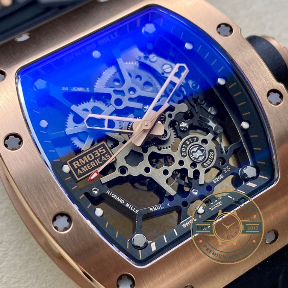 Richard Mille clone RM035 Americas Edition rose gold case black rubber strap full watch perspective view – richard mille clone