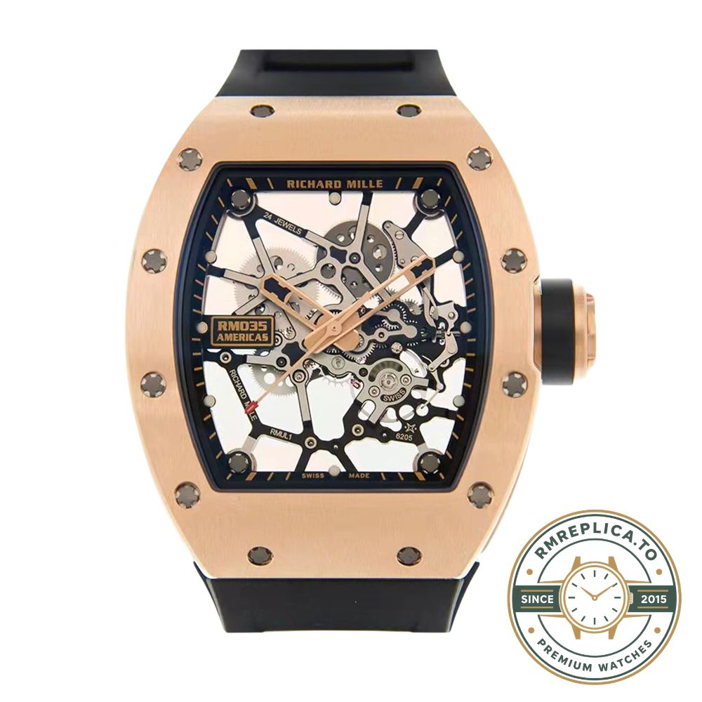Richard Mille replicas RM035 Americas Edition rose gold case black rubber strap case side detail – richard mille replicas