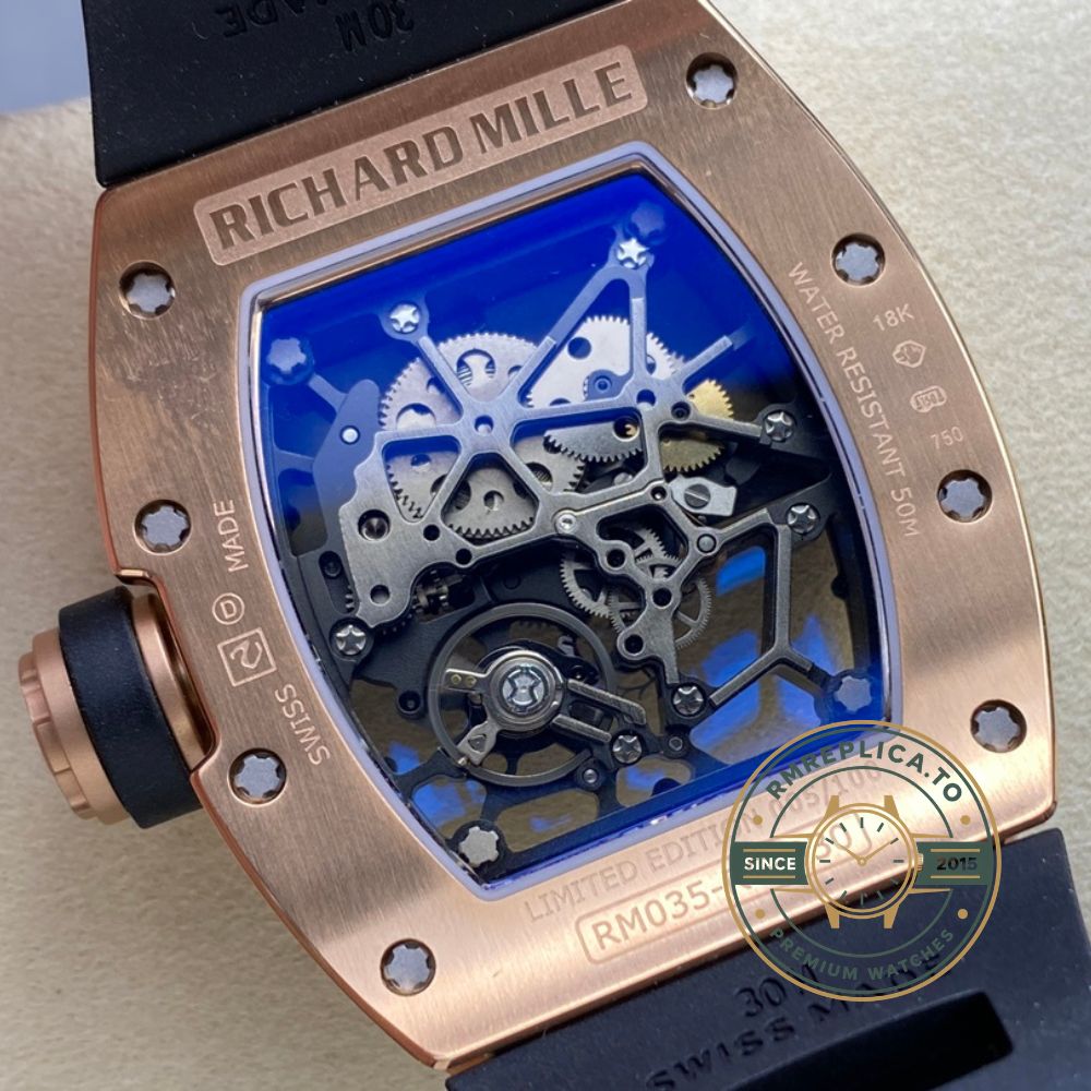 Richard Mille swiss replicas RM035 Americas Edition rose gold case black rubber strap buckle detail – richard mille swiss replicas
