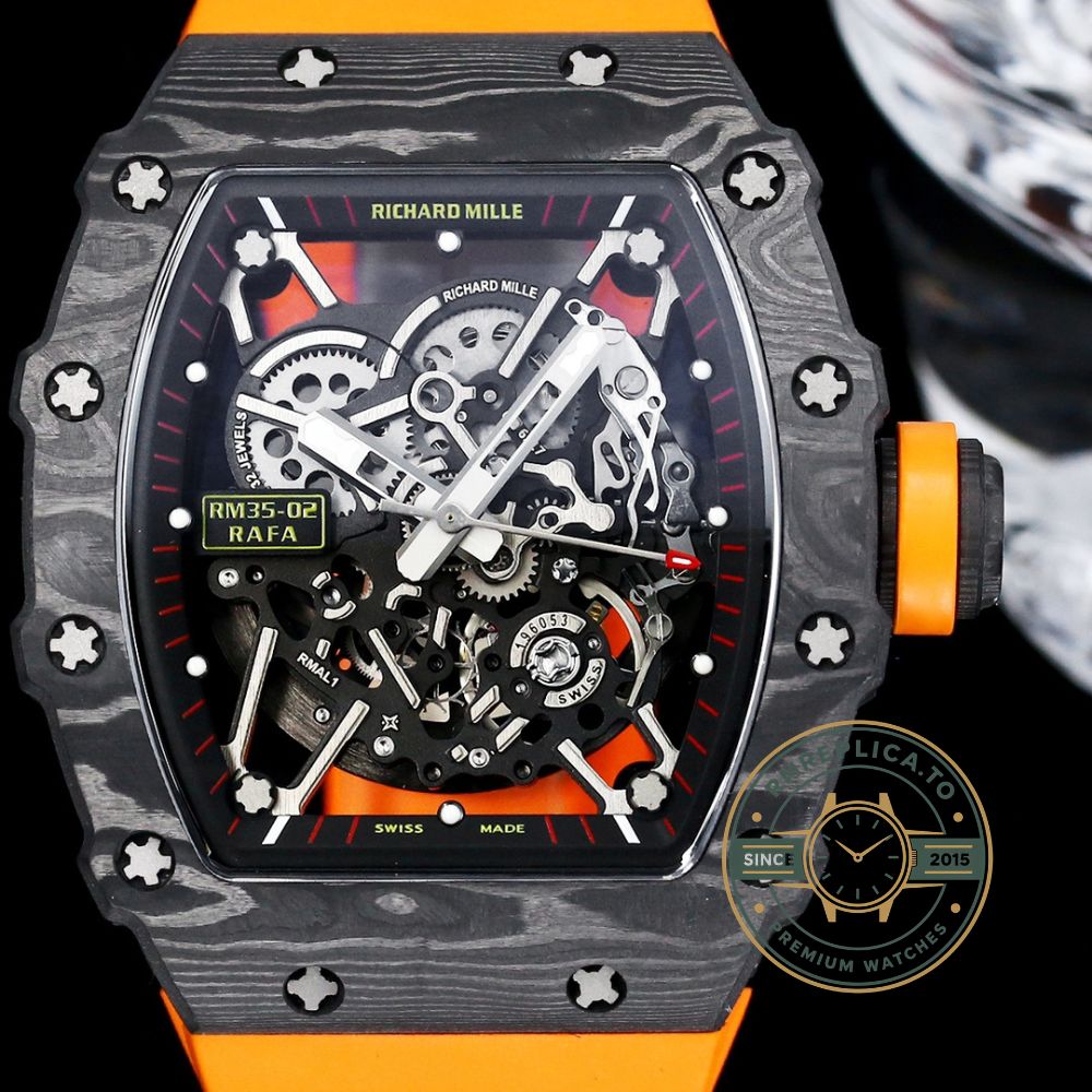 Fake Richard Mille RM 35-02 skeleton dial detail with bull head design – imitation Richard Mille watch
