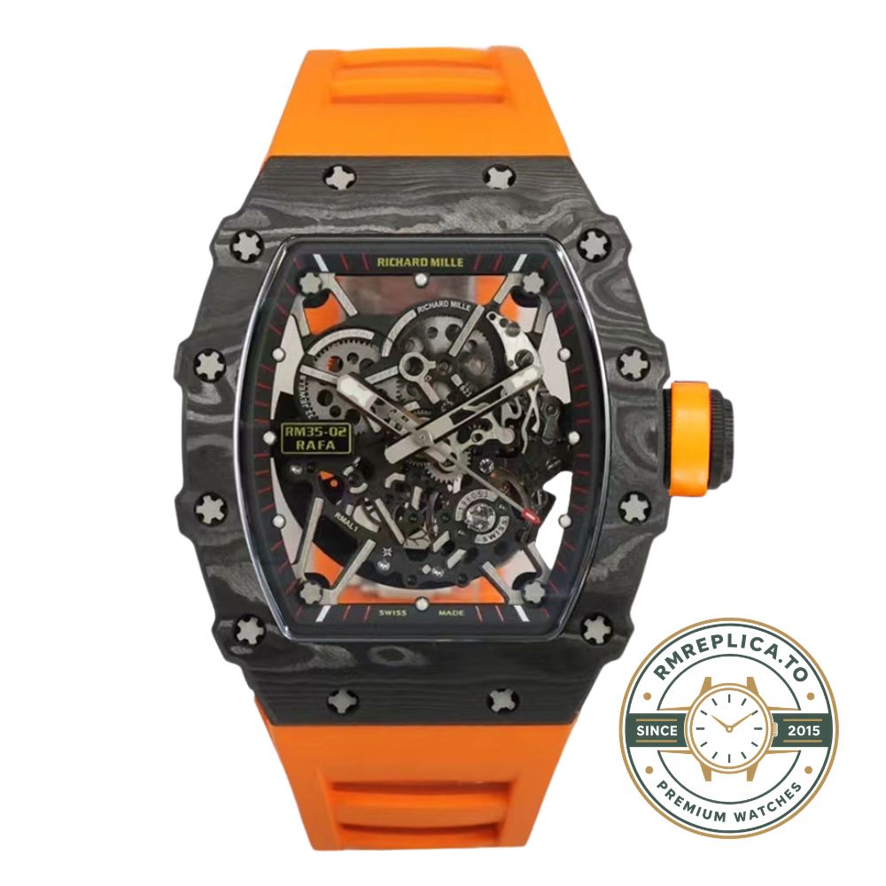 Richard Mille RM 35-02 NTPT carbon fiber orange silicone strap replica watch front view – Swiss super clone Richard Mille