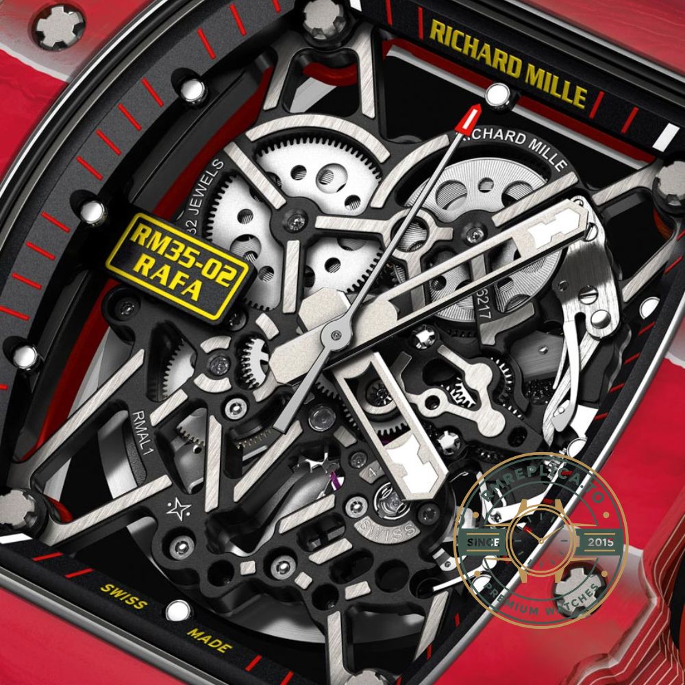 Fake Richard Mille RM35-02 on wrist with red carbon case and yellow strap – fake richard mille