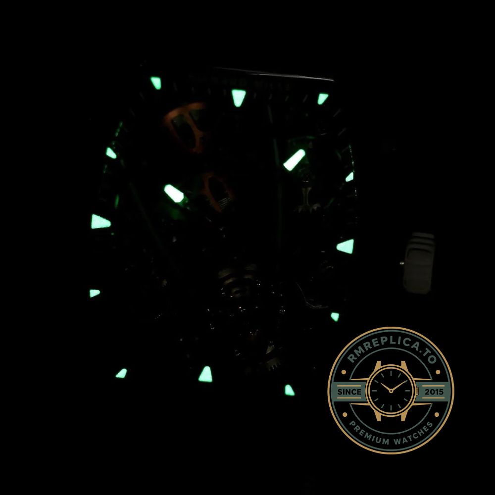 Richard Mille clone RM 27-05 Rafael Nadal Flying Super Clone movement detail with exposed gear train and luminous hands – richard mille clone