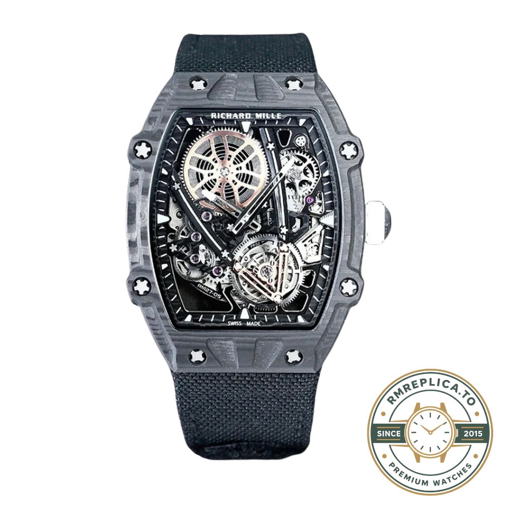 Richard Mille replicas RM 27-05 Rafael Nadal Flying Super Clone caseback view showing exhibition back and tourbillon – richard mille replicas