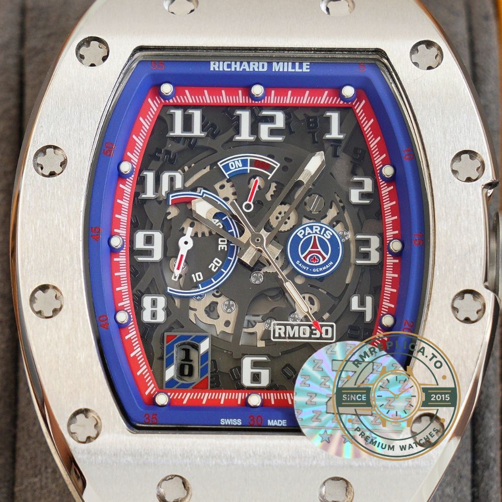 Richard Mille RM 030 PSG super clone front view with titanium case, skeleton dial and PSG red & blue accents – richard mille super clone