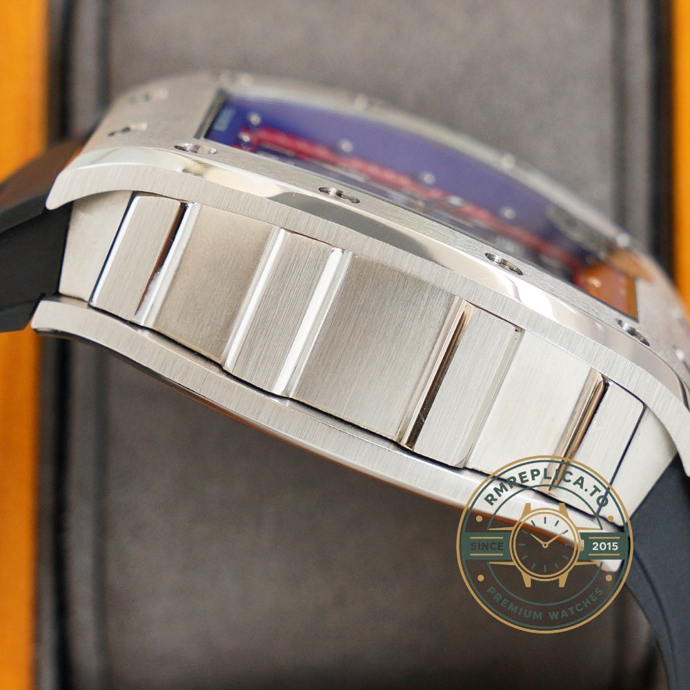 Fake Richard Mille RM 030 PSG watch dial detail with skeletonized dial and PSG red & blue accents – fake richard mille