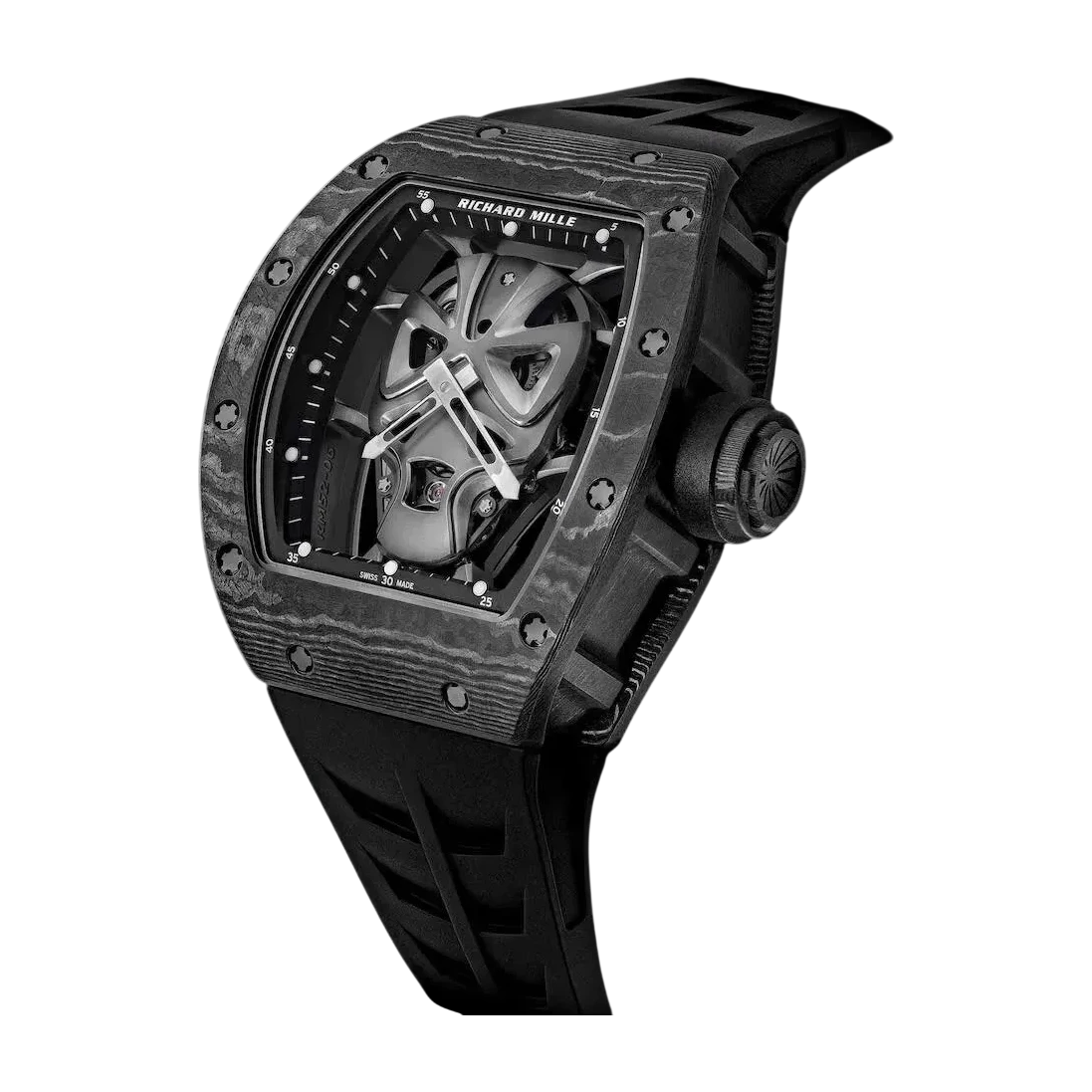 The Richard Mille RM 52-06 Mask Carbon TPT Tourbillon super clone worn on a wrist to show scale and fit.