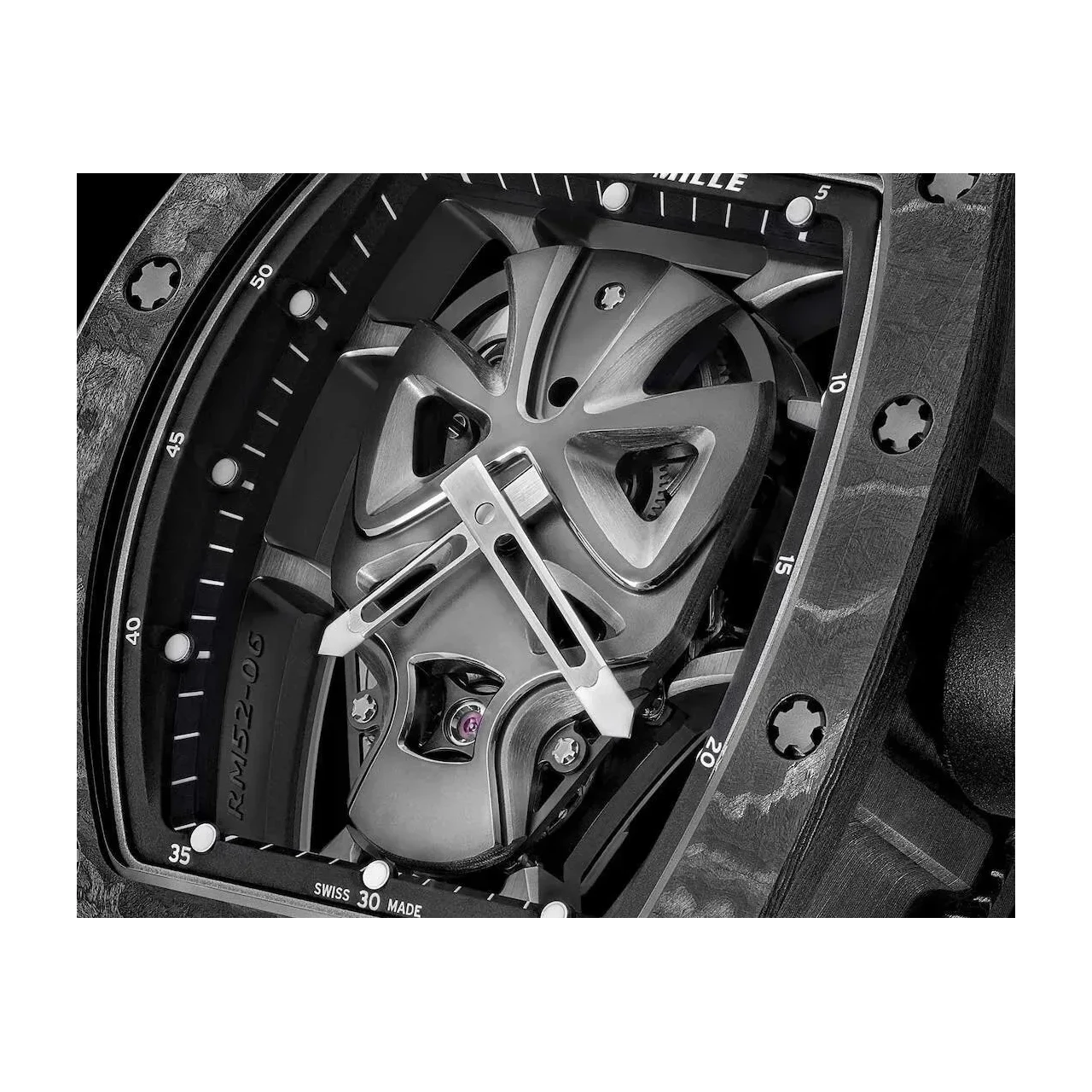 Rear view displaying the exposed mechanical movement and carbon fiber case back of the RM 52-06 super clone.