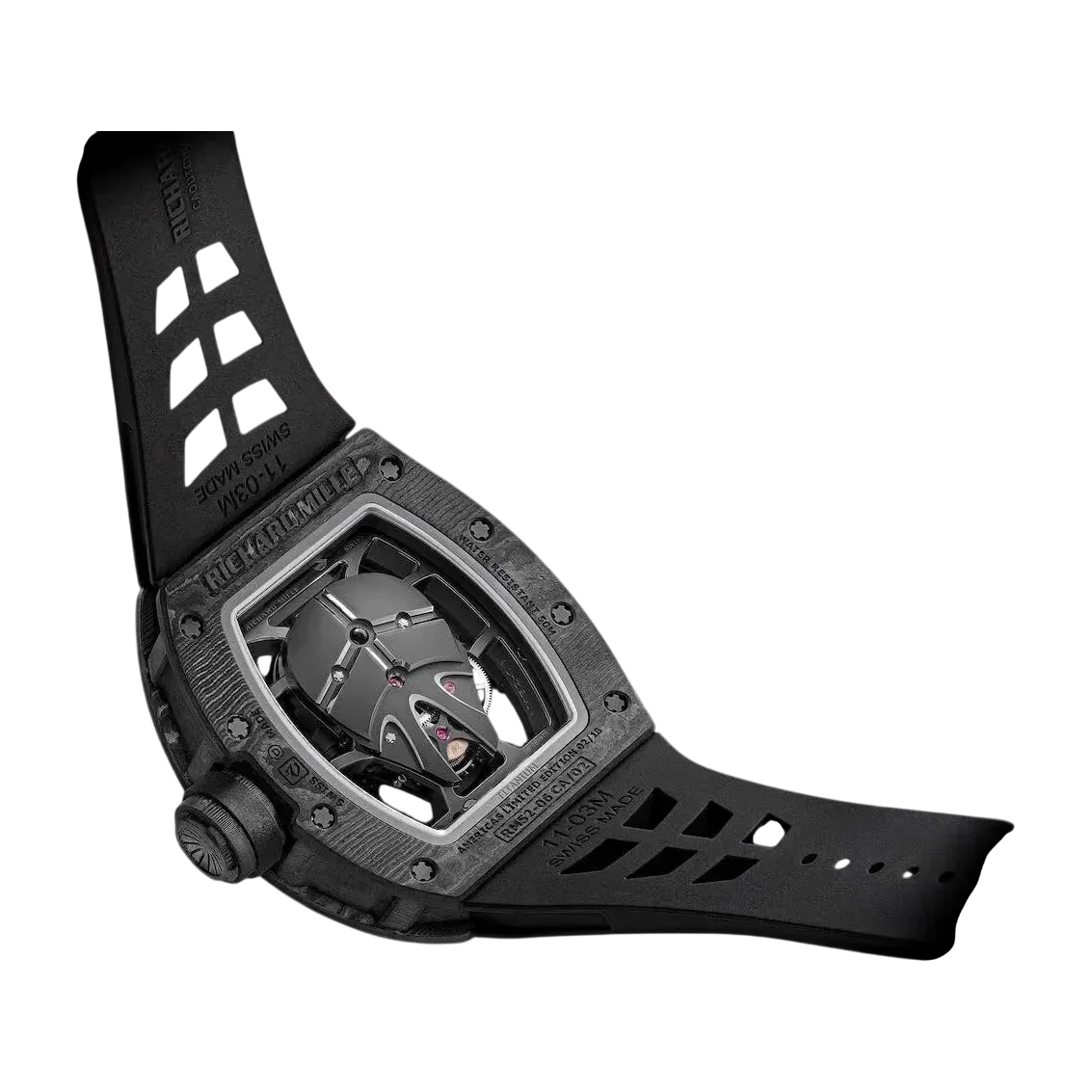 Side profile highlighting the layered Carbon TPT case and curved sapphire crystal on the RM 52-06 replica.