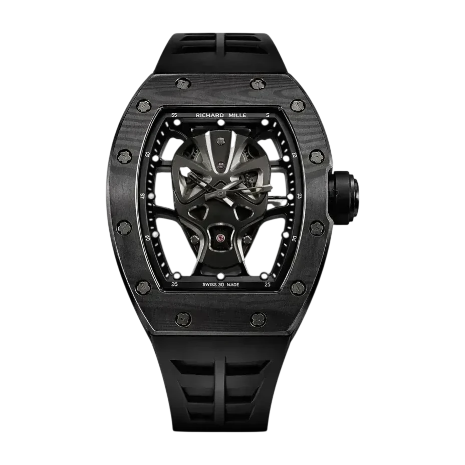 Detailed shot of the black rubber strap and deployment clasp attached to the Carbon TPT Richard Mille watch.