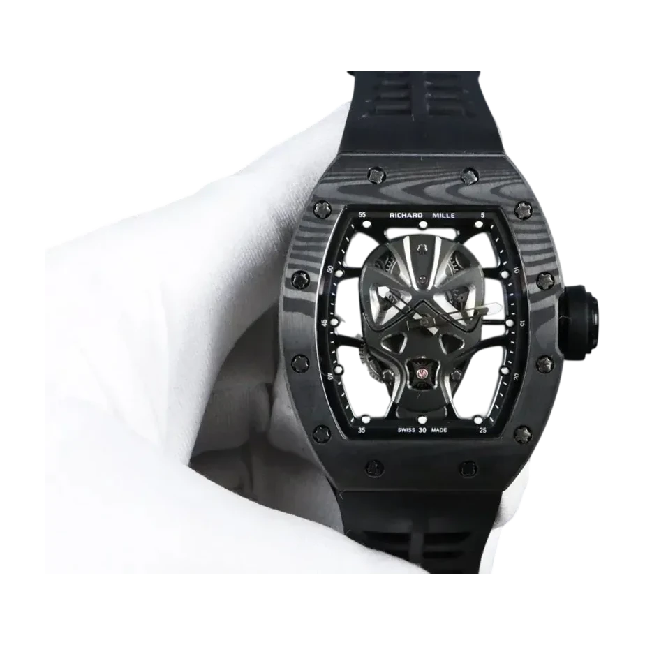 Front view of the Richard Mille RM 52-06 Mask Carbon TPT Tourbillon super clone showcasing the skeleton dial.