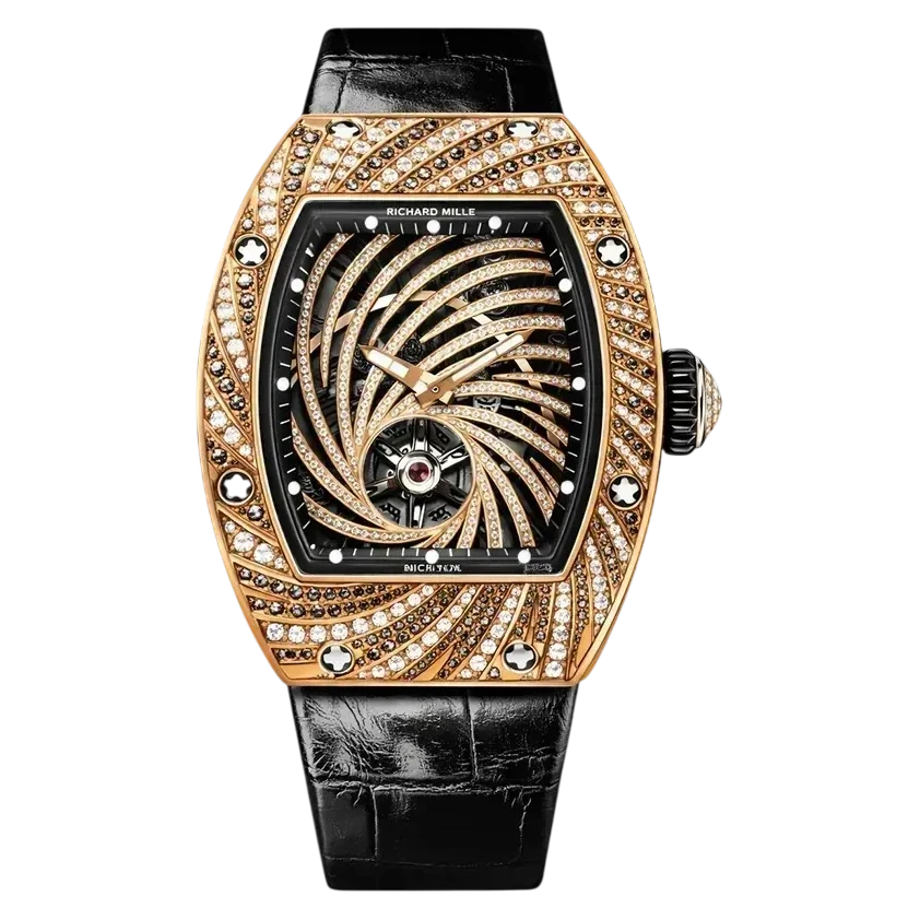 Front view of the Richard Mille RM 51-02 replica featuring the diamond swirl dial and rose gold case.
